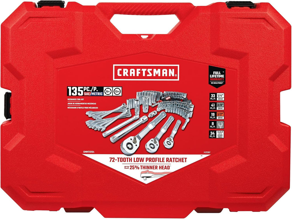CRAFTSMAN Mechanic Tool Set 135 Pcs, 1/4, 1/2 and 3/8 Inch Drive SAE and Metric Socket Wrench Set with Case (CMMT12124)