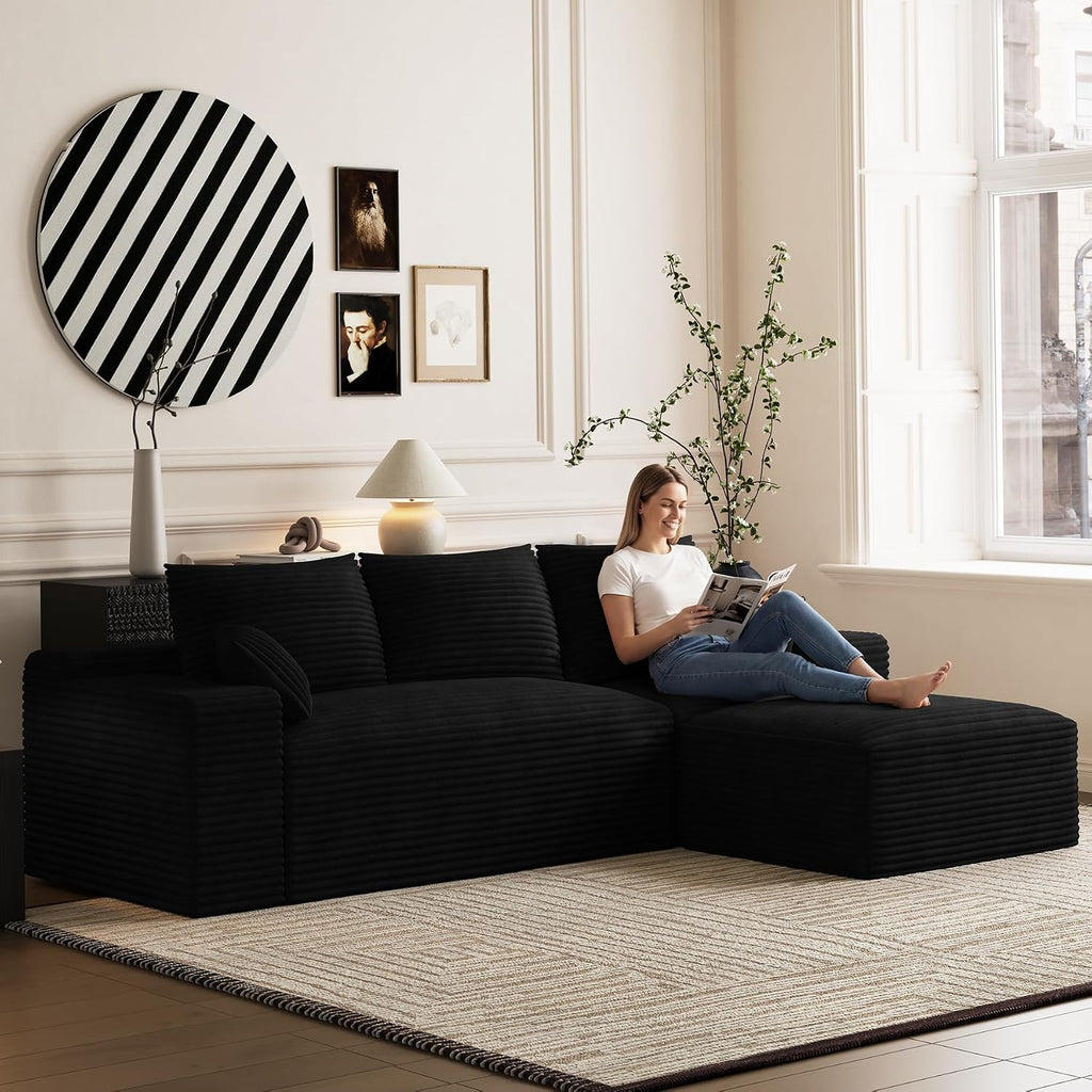 108' Oversized L-Shaped Sectional Couches for Living Room, Comfy Fluffy Corduroy Black Boneless Cloud Couch with Ottoman, Plush Memory Foam Modular Sectional Sofa for Small Spaces