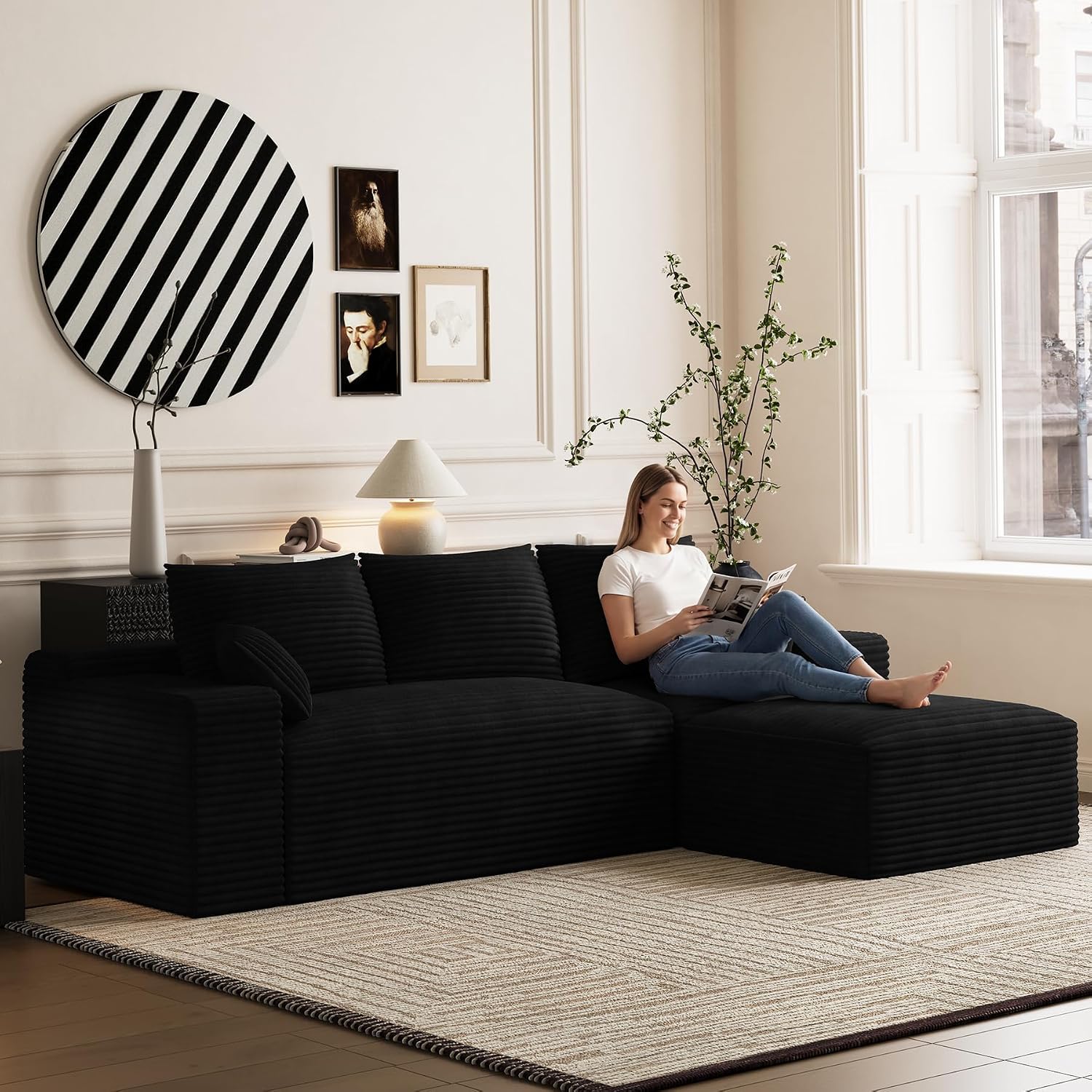 108' Oversized L-Shaped Sectional Couches for Living Room, Comfy Fluffy Corduroy Black Boneless Cloud Couch with Ottoman, Plush Memory Foam Modular Sectional Sofa for Small Spaces