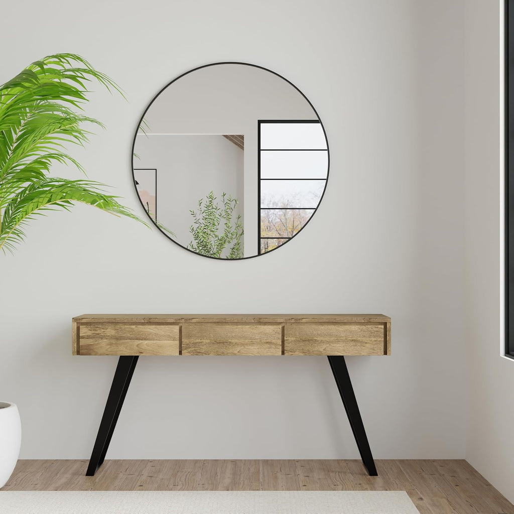 SIMPLIHOME Lowry Console Table - 60 Inch Wide Solid Mango Wood and Metal Sofa Table in Natural, Modern Industrial Storage Table for Entryway or Living Room with 3 Drawers and Angled Metal Legs