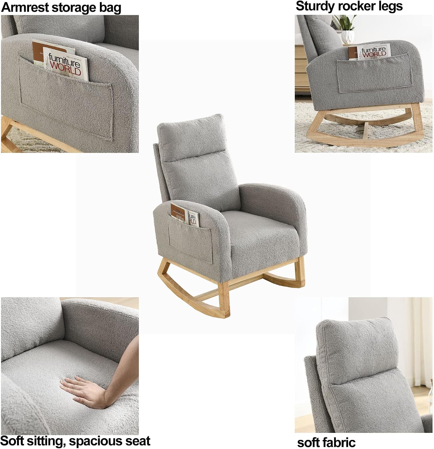 Setawix Teddy Fabric Rocking Accent Chair,Mid Century Modern Rocking Glider Armchair,Leisure Tufted Rocker Arm Chair for Nursery,Bedroom,Living Room (Teddy Light Grey, High Back)