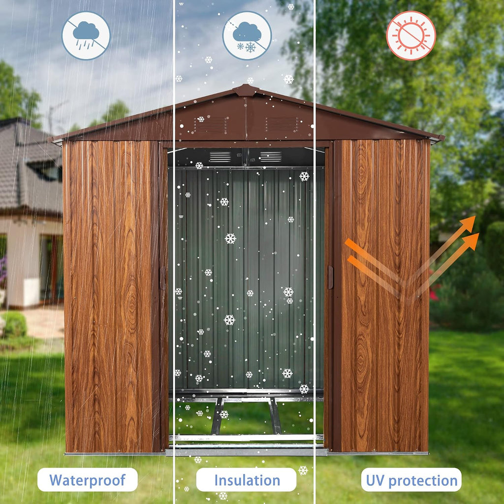 6x6 ft Outdoor Metal Storage Shed with Floor Foundation and Window, Lockable Galvanized Steel Tool Shed with Sliding Door and Air Vent, Waterproof Garden Storage House for Backyard, Patio