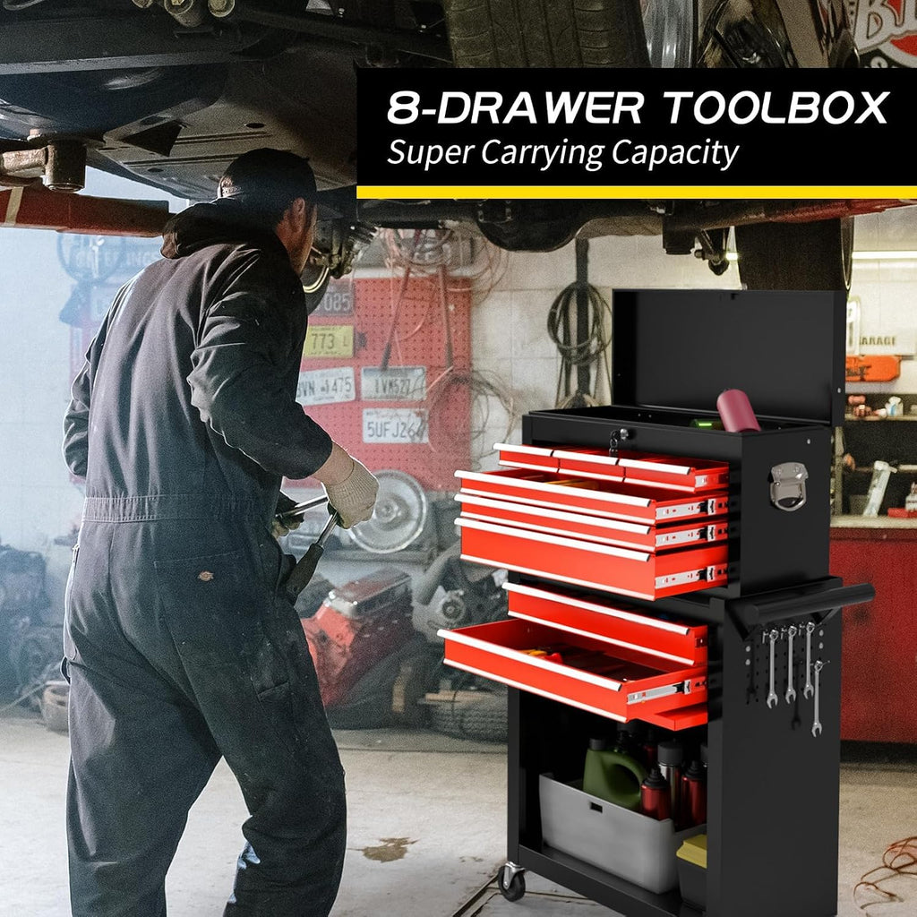 On Shine 8 Drawer Rolling Tool Chest, Large Capacity Rolling Tool Box with Wheels, Locking Mechanical Tool Chest, Portable Tool Box with Sliding Drawers for Garage Workshop and Tool Room (Black Red)