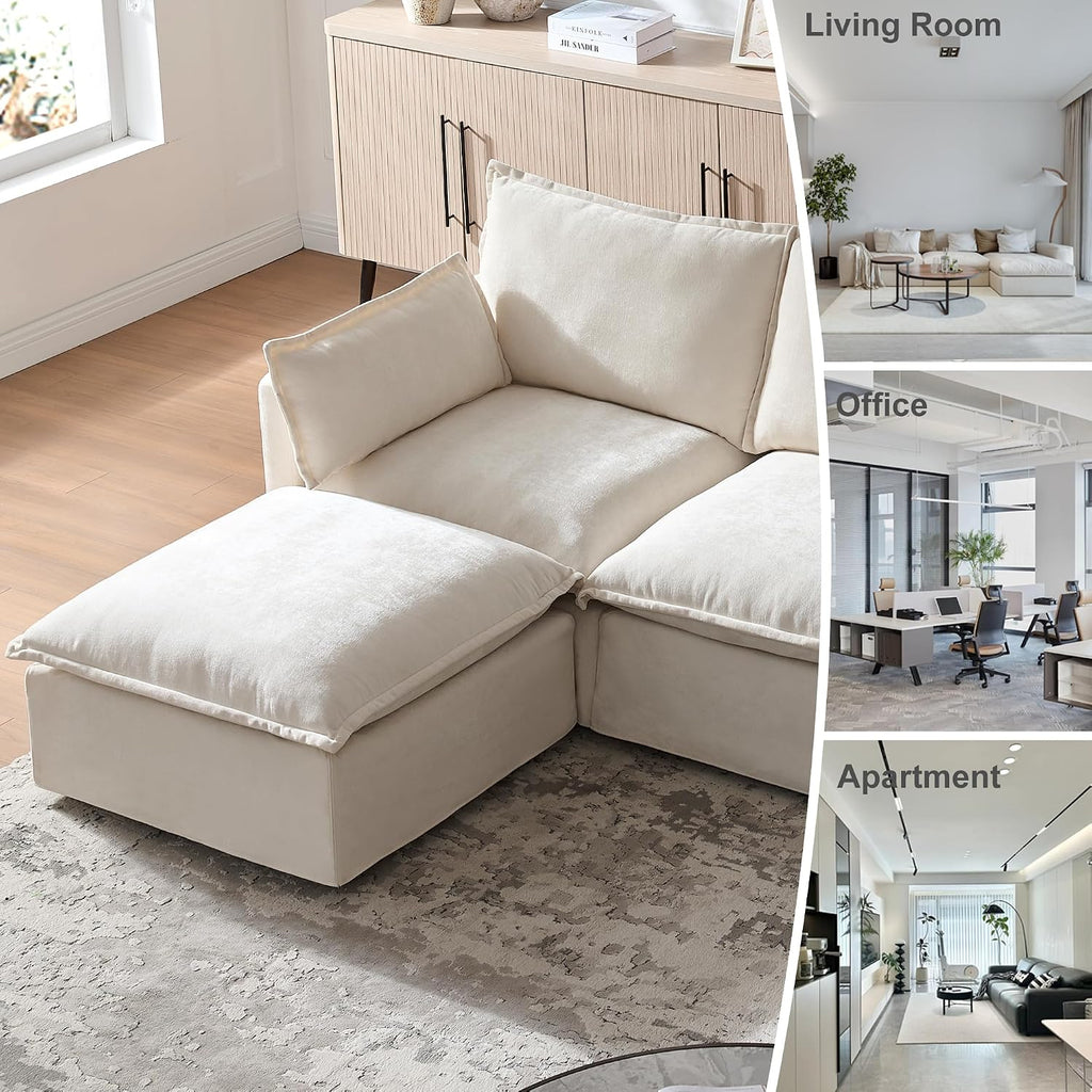 93.31' Inch L-Shaped Couch Sofa with Movable Ottoman, Modular Sectional Sofa with 4 Seats and Pillows for Living Room, Modern Chenille Fabric Large Comfy Cloud Couch DIY Combination (Beige-93inch)