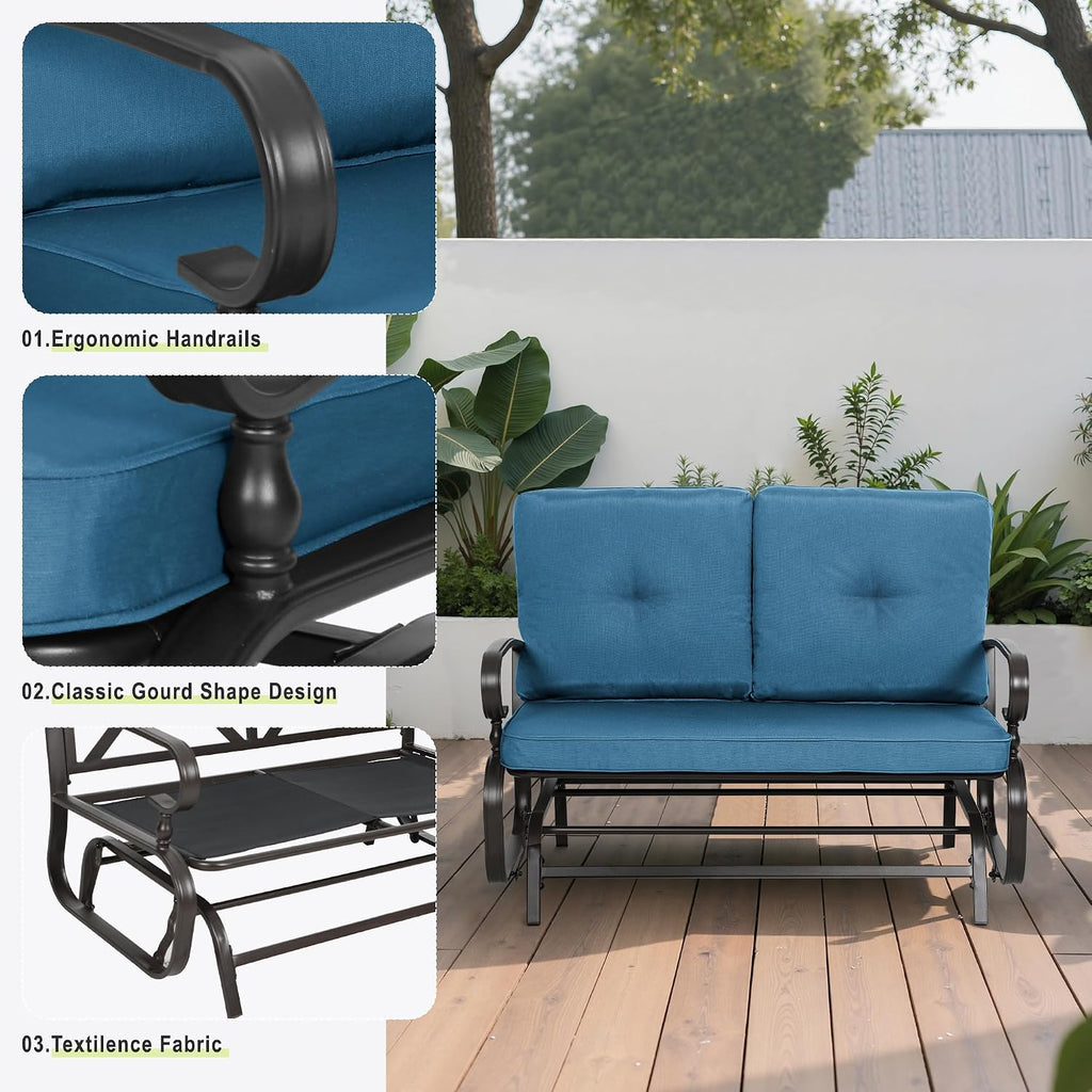 Incbruce Patio Conversation Sets - Outdoor Metal Furniture Set (Peacock Blue, Wrought Iron, 4Pcs Including Glider, Bistro Table, 2 Spring Lounge Chairs)