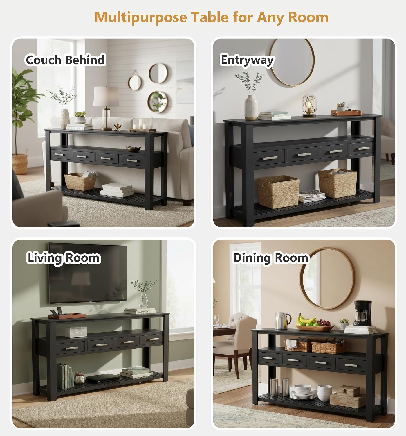 Modern Console Table Long Narrow 62-Inch Sofa Entry Table with Drawers & Open Shelves for Living Room Entryway, Easy Assembly(Black)