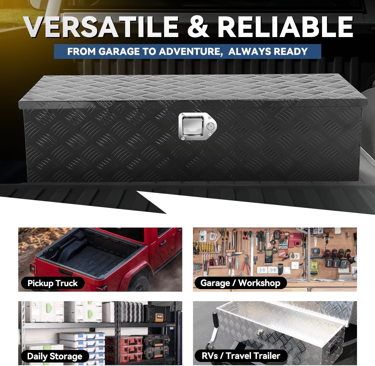 Heavy Duty Aluminum Diamond Plate Tool Box for Pick Up Truck Bed RV Trailer Toolbox Waterproof Square Storage Organizer with Side Handle, 38.9'' W x 13.4'D x 10.0'H, Lock and Keys - Black