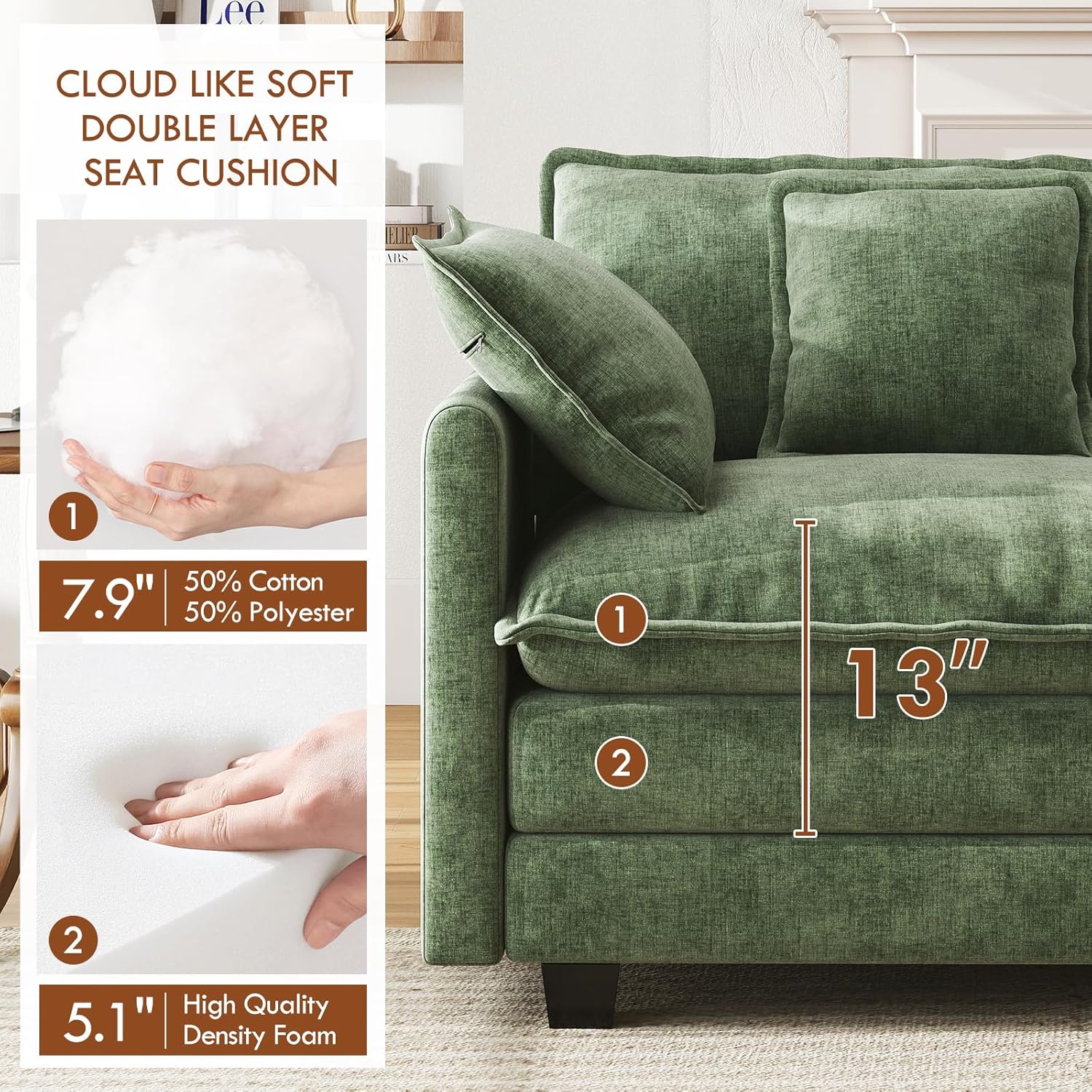 WorthFurni 111.4' Modular Sectional Sofa, U Shape Cloud Couch with 2 Movable Ottoman, Comfy Chenille Deep Seat Sofa with Soft Pillows for Living Room Apartment (Green)