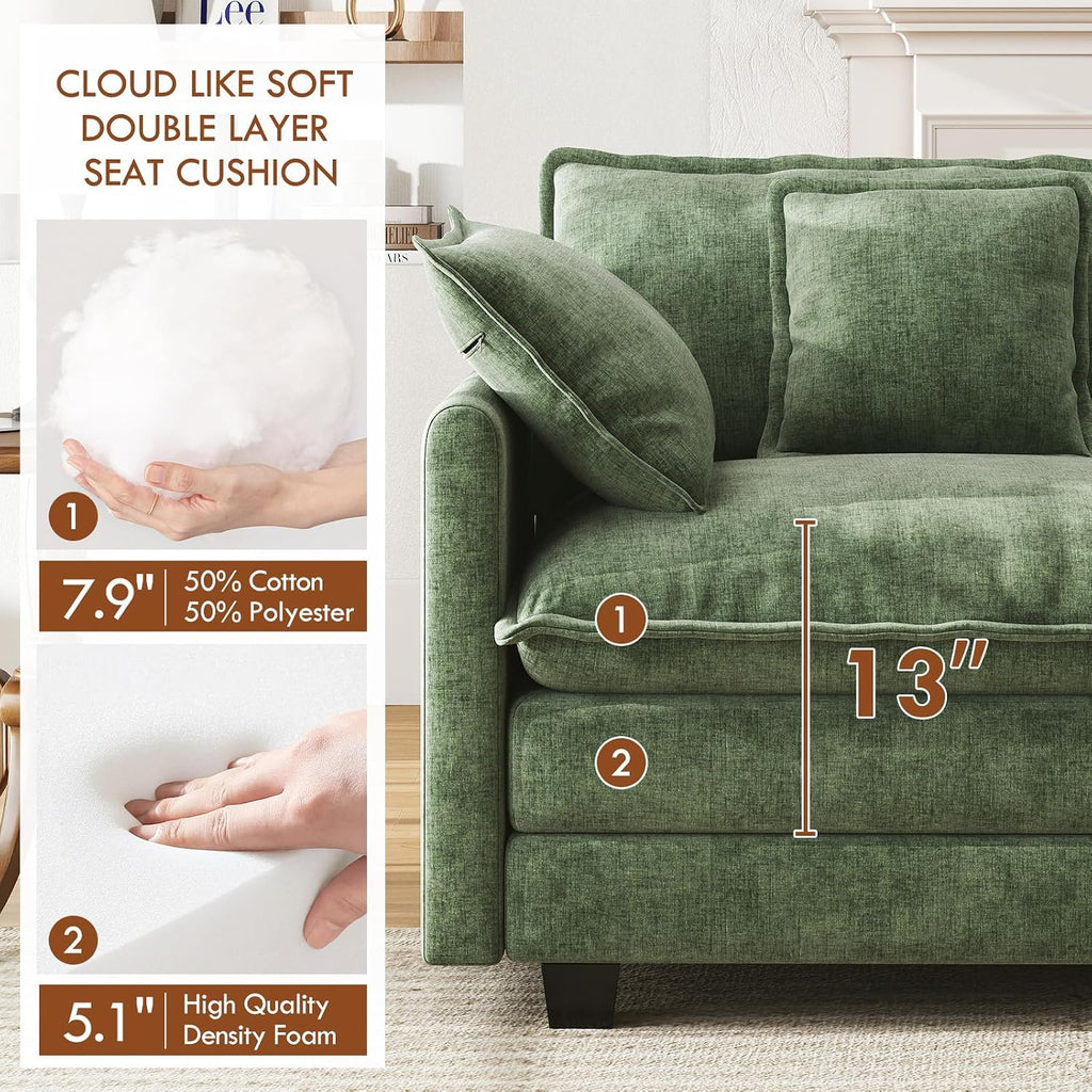 WorthFurni 77 Inch L Shape Cloud Sofa, Modular Sectional Couch with Ottoman, Comfy Chenille Deep Seat Loveseat with Pillow for Living Room Bedroom Apartment (Green)