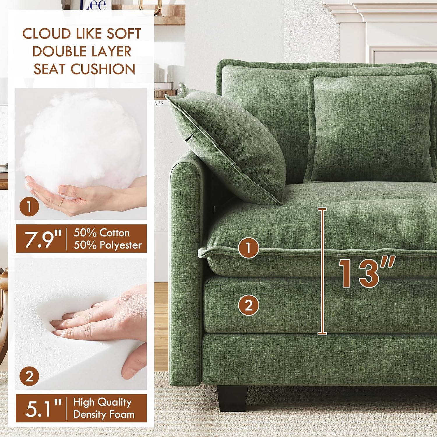 WorthFurni 77 Inch Cloud Sofa Loveseat, Comfy Sectional Couch, 2-Seater Chenille Deep Seat Sofa with Throw Pillows for Living Room Bedroom Apartment (Green)