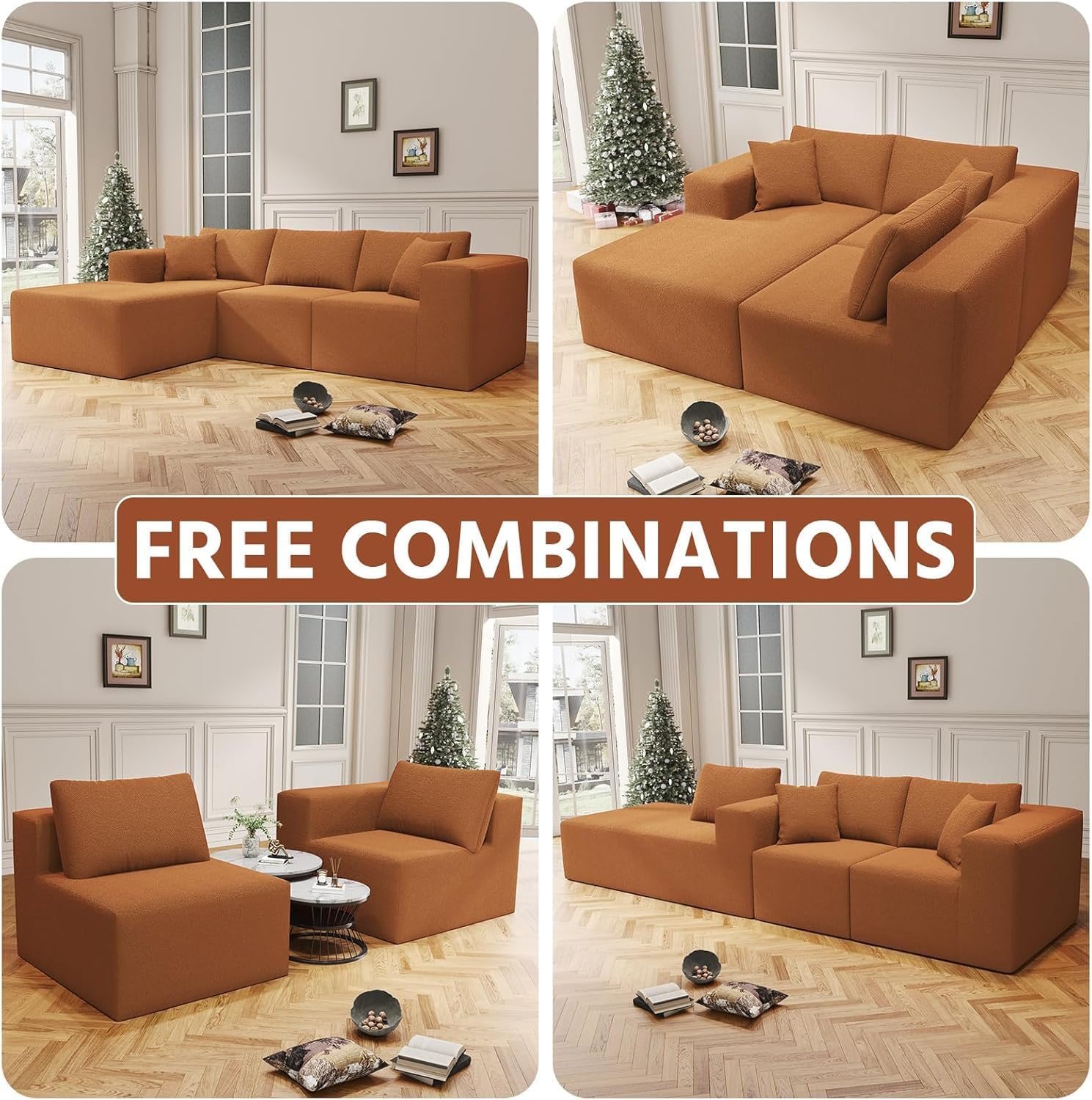 108' Orange Boneless Cloud Couches for Living Room L Shapes Sectional Sofa with Chaise Lounge, Comfy Teddy Fabric Memory Foam Couch Including Throw Pillow and Backrest - Removable Washable