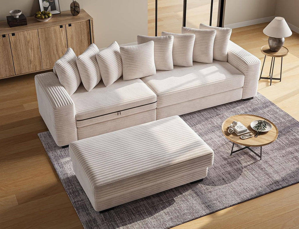 ohllob 110' Modular Sectional Sofa, L Shaped Couch with Chaise Lounge, Fluffy Corduroy Cloud Couch with Deep Seat for Living Room (Beige)