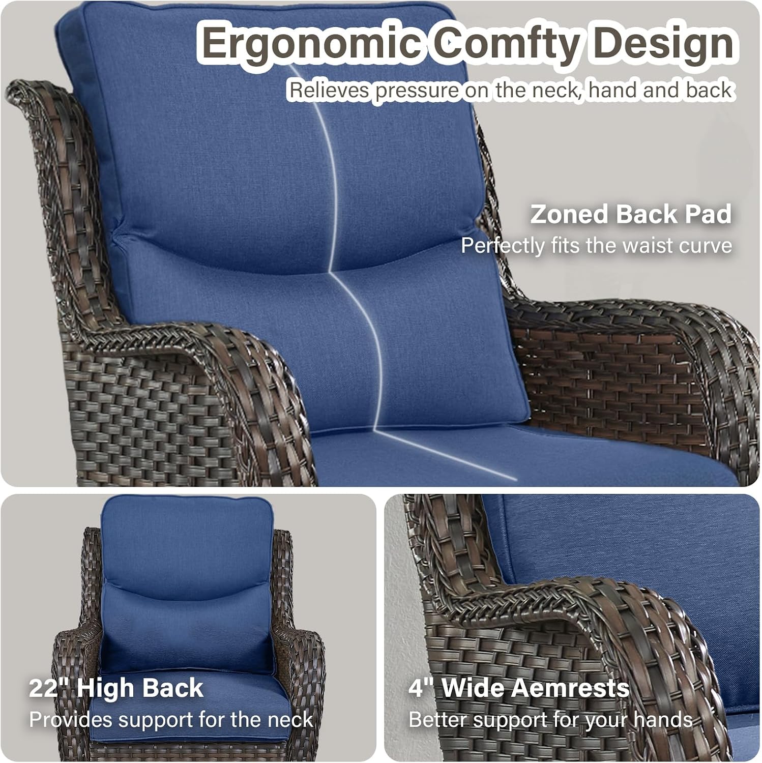 Outdoor Swivel Rocker Patio Chairs Set of 4-5' Thick Cushion 4 Piece Furniture Set All Weather Comfortable Wicker Conversation Set for Porch Poolside and Deck - Brown/Blue