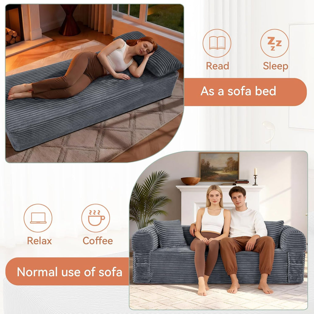 3 Seater Sofa Couch for Living Room (Gray, 30' D + 2 Pillows +Fixed-Shape Frame)