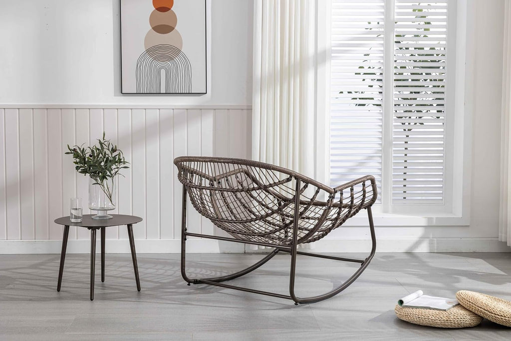 Wicker Outdoor Rocking Chair Rattan Egg Chair with Thick Cushion 30° Smooth Rocking Patio Lounge Reclining for Indoor Outdoor Use Living Room Front Porch Balcony Lawn Garden, Navy Blue