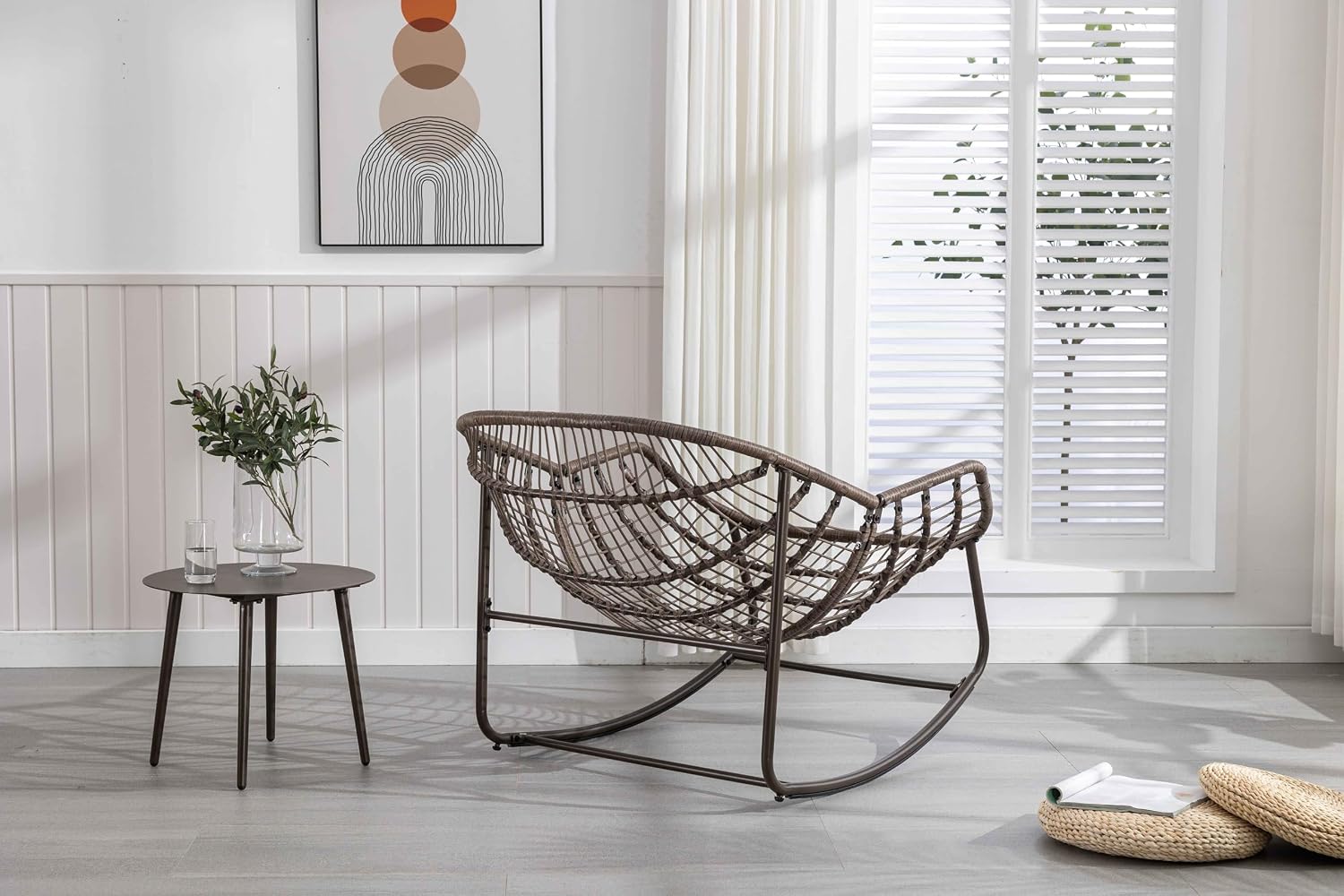 Wicker Outdoor Rocking Chair Rattan Egg Chair with Thick Cushion 30° Smooth Rocking Patio Lounge Reclining for Indoor Outdoor Use Living Room Front Porch Balcony Lawn Garden, Navy Blue