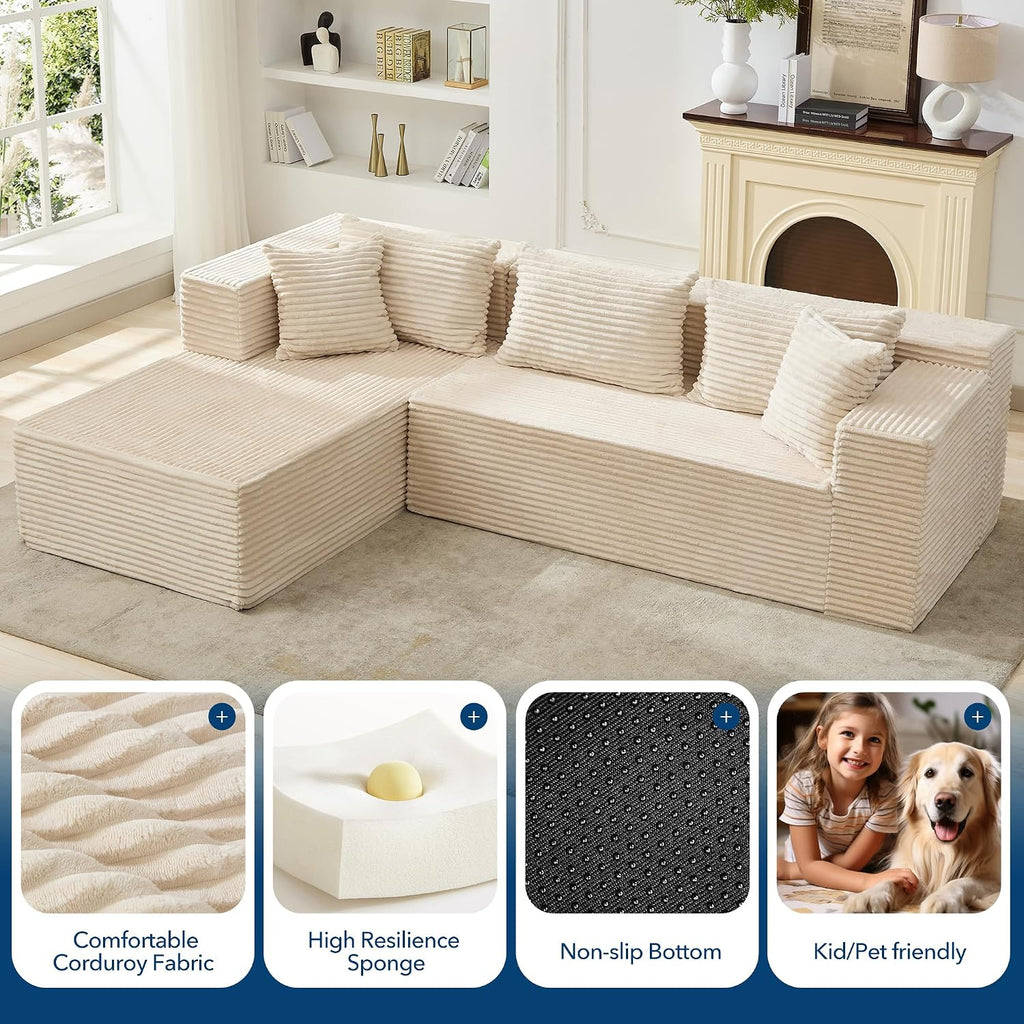 Boneless Couch, 106' Left Corduroy Cloud Couch Sectional，Vacuum Compressed Couch, L-Shaped Modular Sectional Couch with Chaise Lounge, Boneless Couch for Living Room, Comfy Compact Apartment Sofa