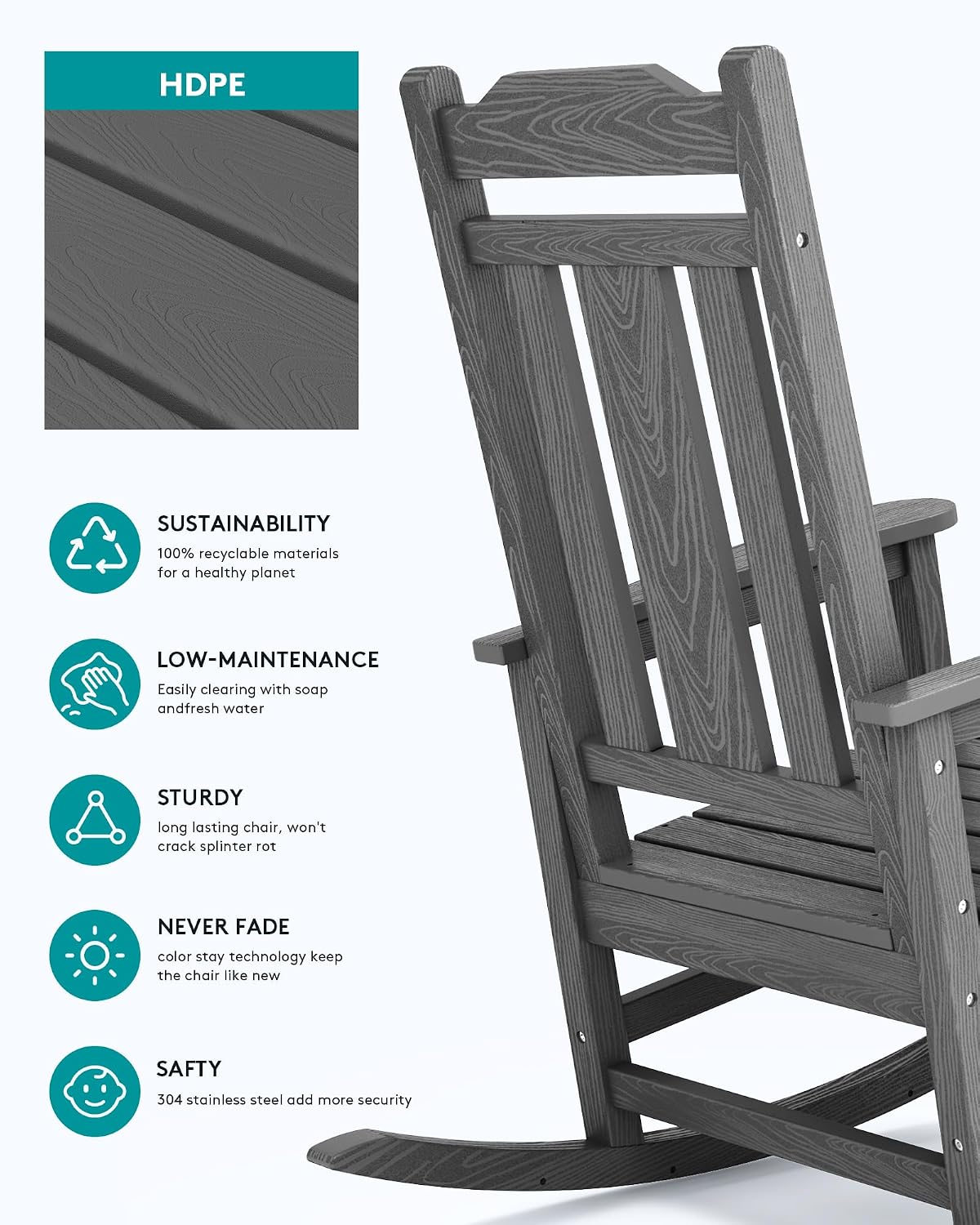 SERWALL Oversized Rocking Chair Set of 2 Outdoor, HDPE Outdoor Rocking Chair Set of 2, Grey