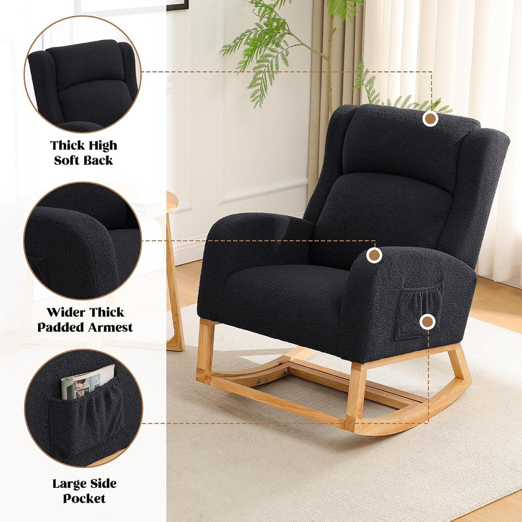 HCHAIRH Rocking Chair Nursery, Nursing Rocking Chairs for Mom Nursery, Comfy Wingback Glider Rocking Armchair with Foot Rest and Side Pocket for Nursery Living Room Bedroom, Teddy Black
