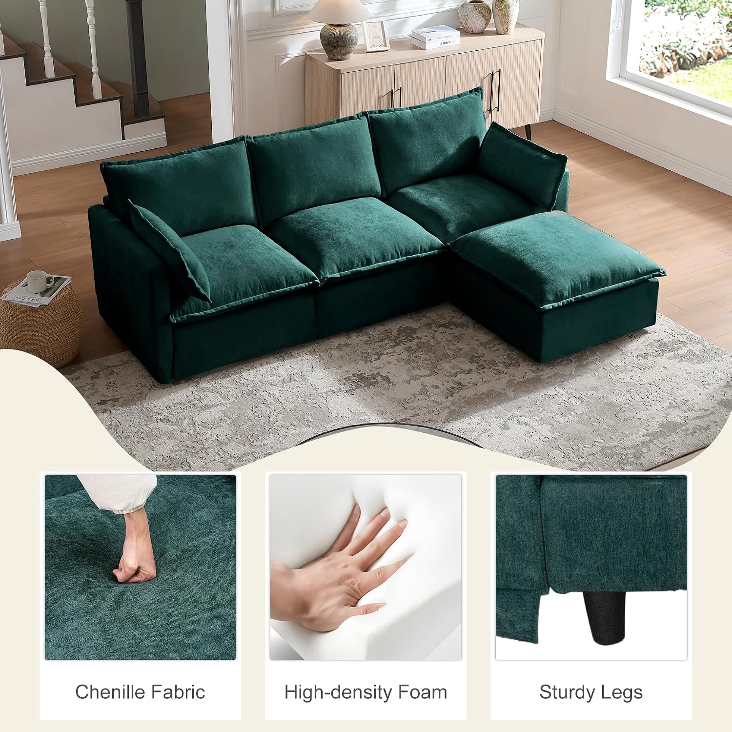 93.31' L-Shaped Couch Sofa with Ottoman, Green, 4 Seats | Modular Sectional