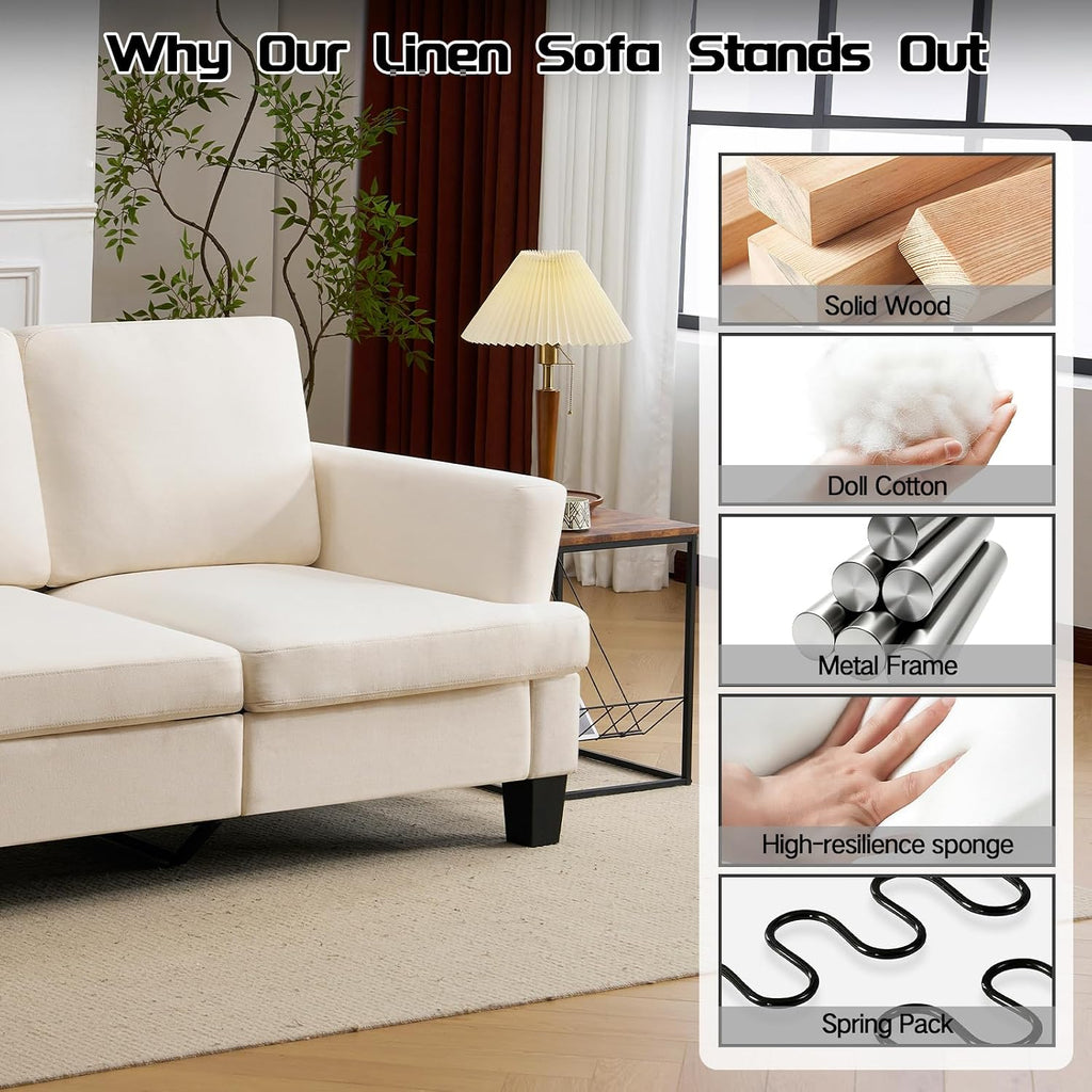 3 Seater Couch, 84' Comfy Linen Fabric Sofa with Deep Seat for Living Room, Modern Beige Sofa Couches for Bedroom, Apartment and Office (No Pillow)