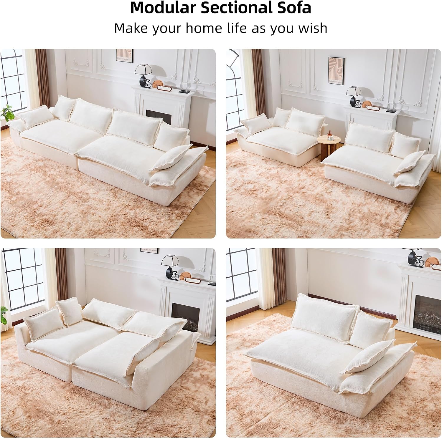 138' Modular Cloud Couch, Sectional Couch with Deep Seats, Wide Armrests and Multiple Pillows, Boneless Couches Sofas Loveseat for Bedroom/Living Room/Apartment/Office (White, Right)