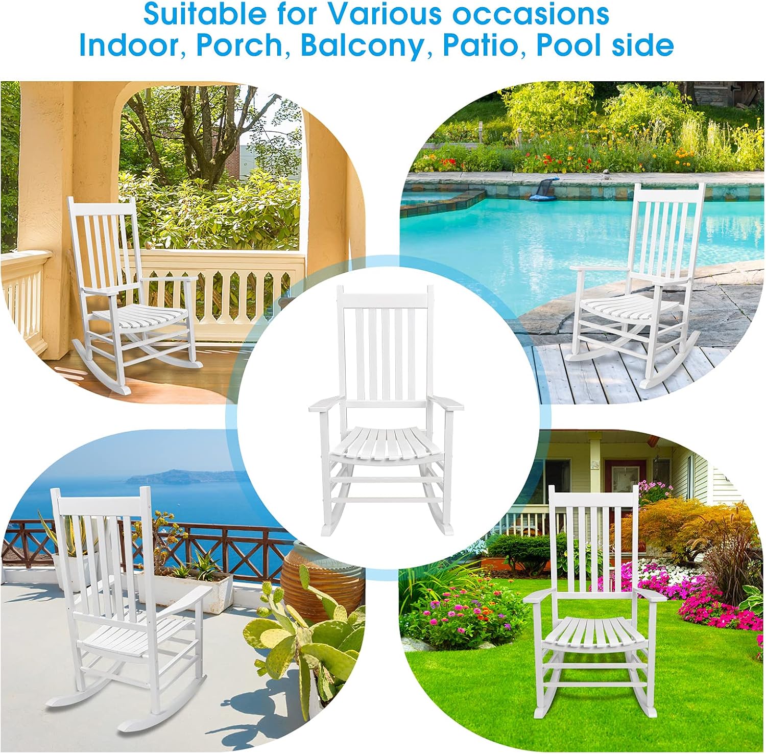 Rocking Chair Wooden Frame Chair Indoor and Outdoor Fade Resistant Rocker with 350lbs Weight Capacity All Weather Porch Rocker for Garden Lawn Balcony Backyard and Patio Porch (1, White)