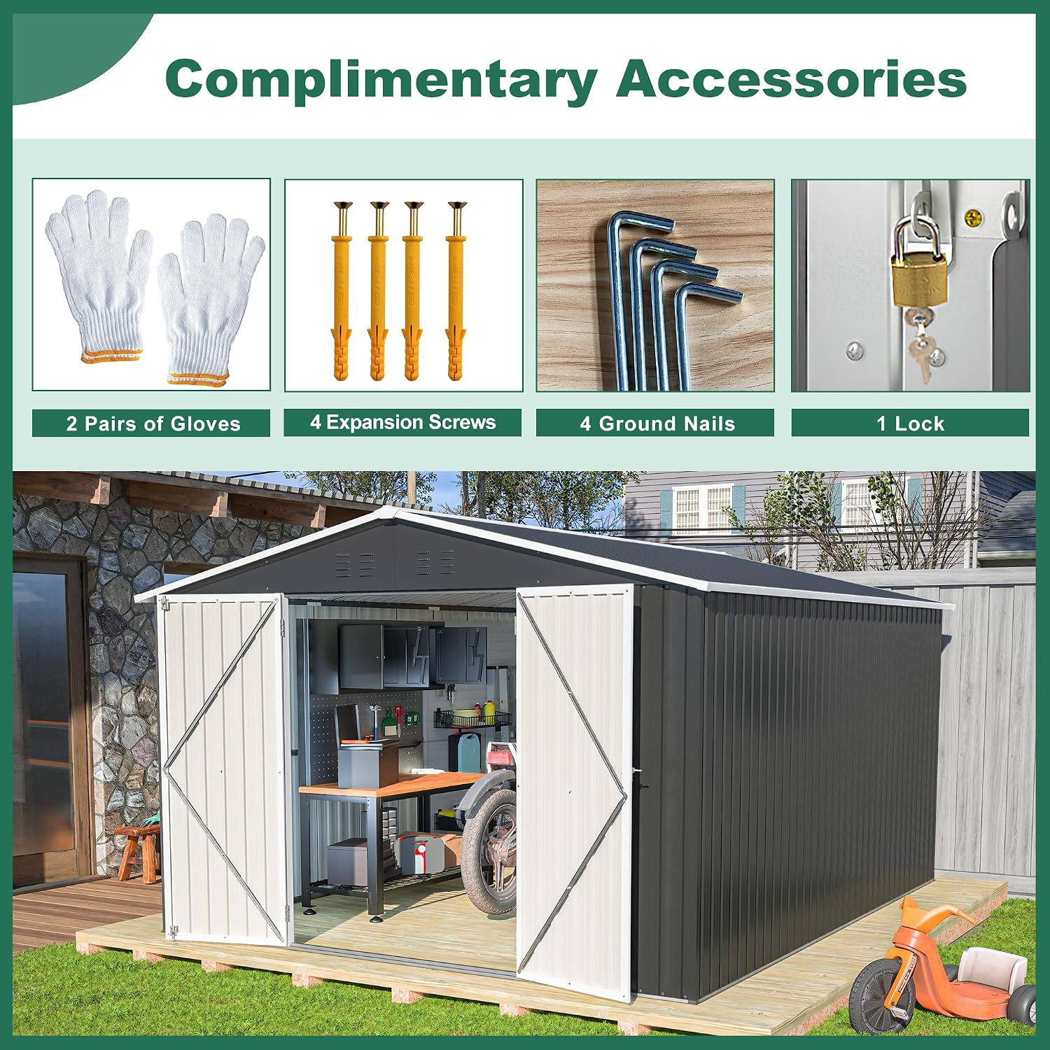 KEIKI 10x12 FT Outdoor Storage Shed, Weatherproof Utility Garden Tool Shed with Door & Lock for Garden Patio Lawn Poolside, Black