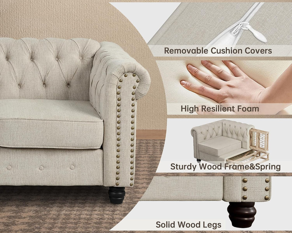 Morden Fort Classic Chesterfield Loveseat Set 60'', Tufted Loveseat Sofa Set with Solid Wood Legs Thick Cushion, Pet-Friendly Deep Seat Sofa Couch for Living Room Bedroom Apartment - Linen Beige