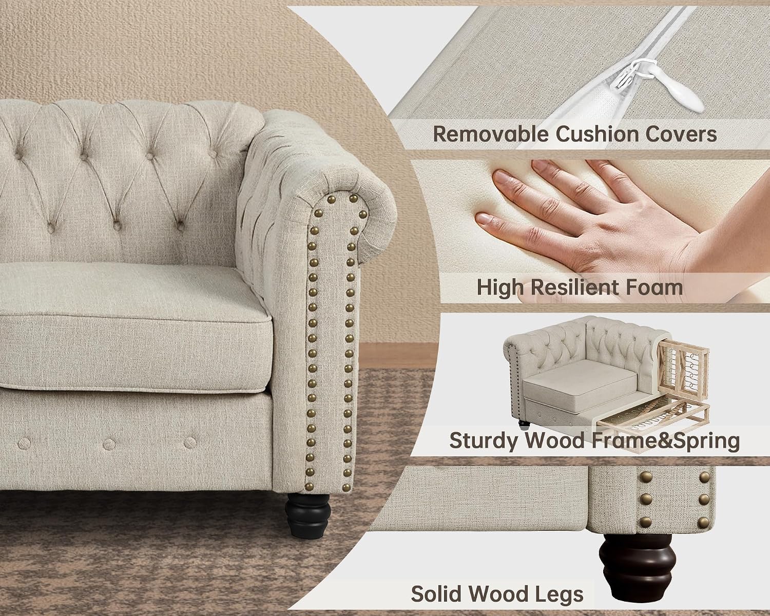 Morden Fort Classic Chesterfield Sofa Chair Set, Tufted Arm Chair Sofa with Solid Wood Legs Thick Cushion, Pet-Friendly Sofa Couch Chair for Living Room Bedroom Reading Room - Linen Beige