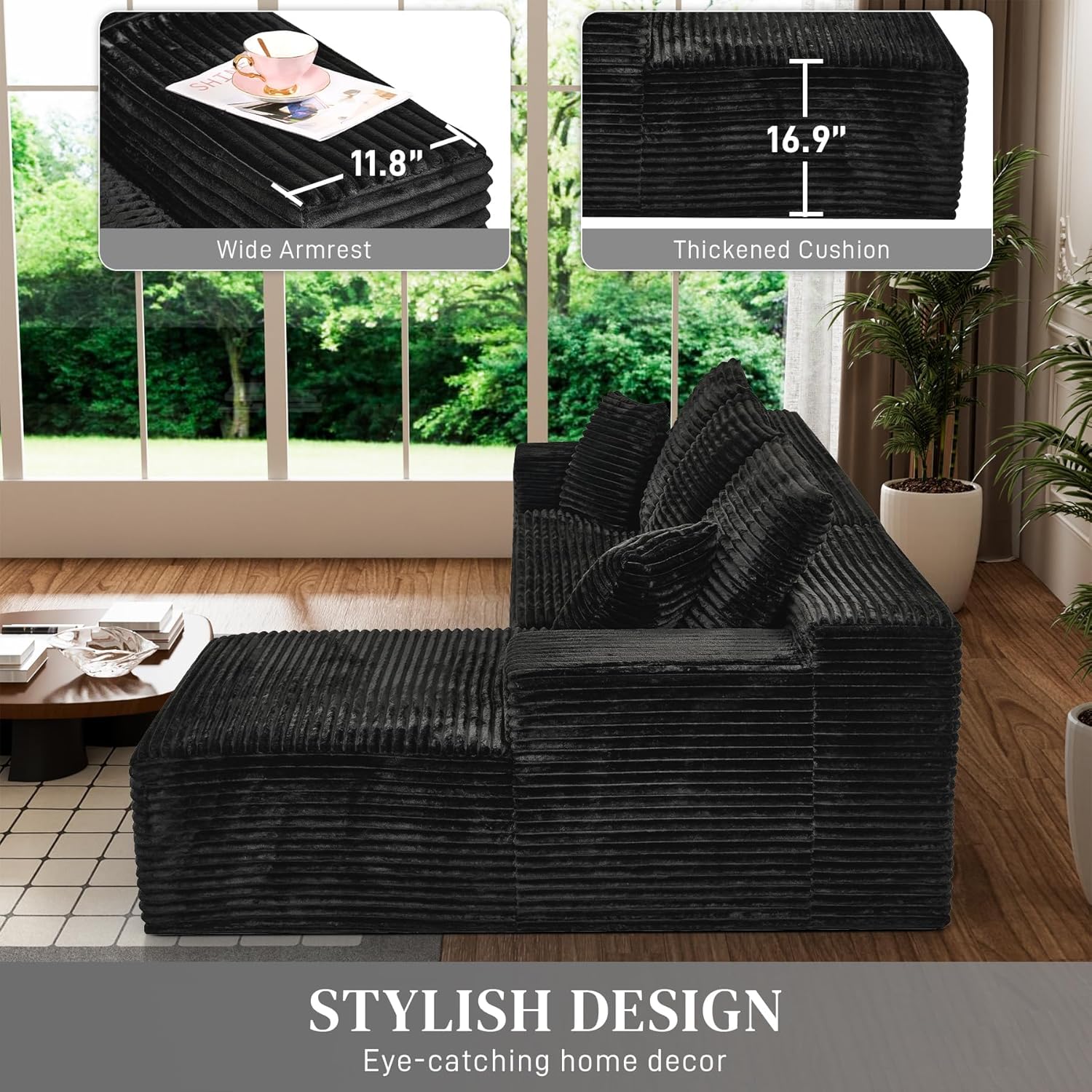 108' Boneless Couches for Living Room, L Shaped Comfy Cloud Modular Sectional Memory Foam Deep Seat Boneless Couch, No Assembly Required Boneless Sofa for Living Room with Right Facing Chaise, Black
