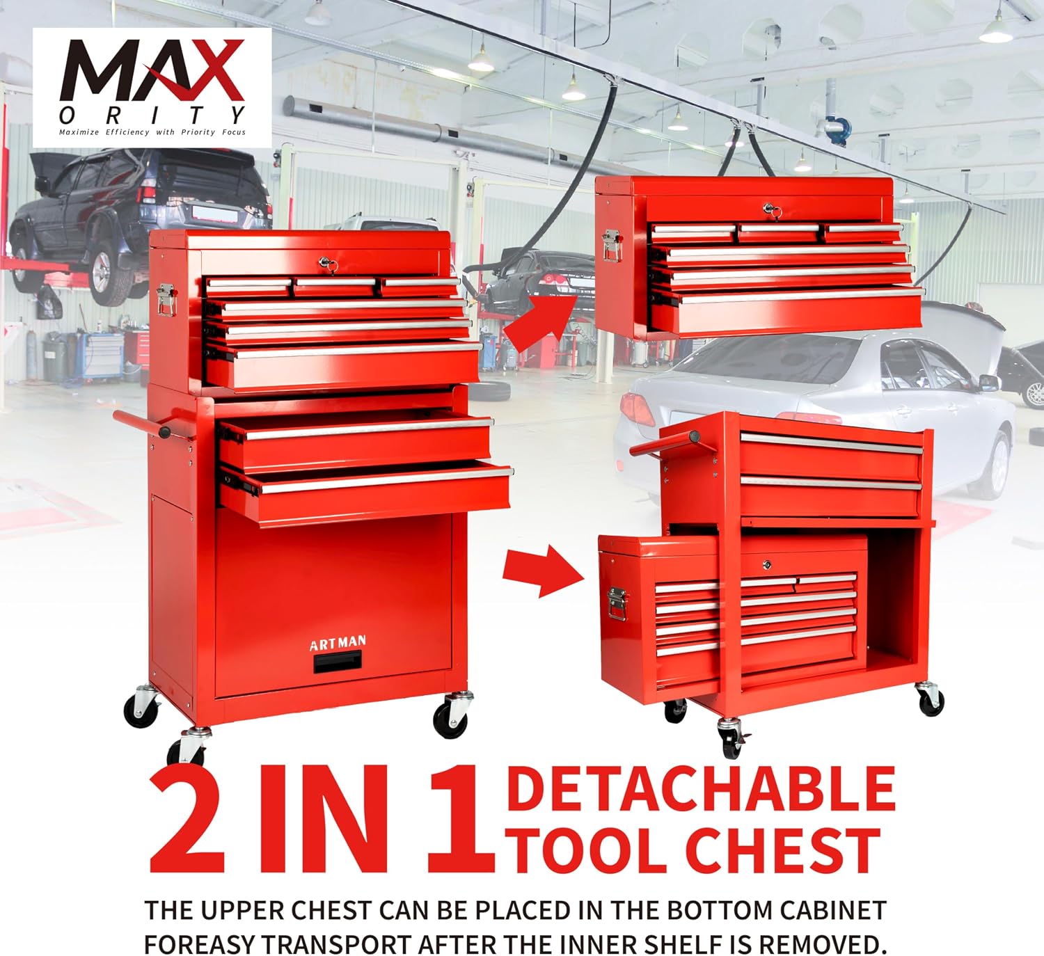 Maxority 8-Drawer Rolling Tool Chest with Lockable Wheels, Sliding Drawers, Detachable Top & Adjustable Shelf – Heavy Duty Tool Storage Cabinet for Garage, Workshop & Home Organization