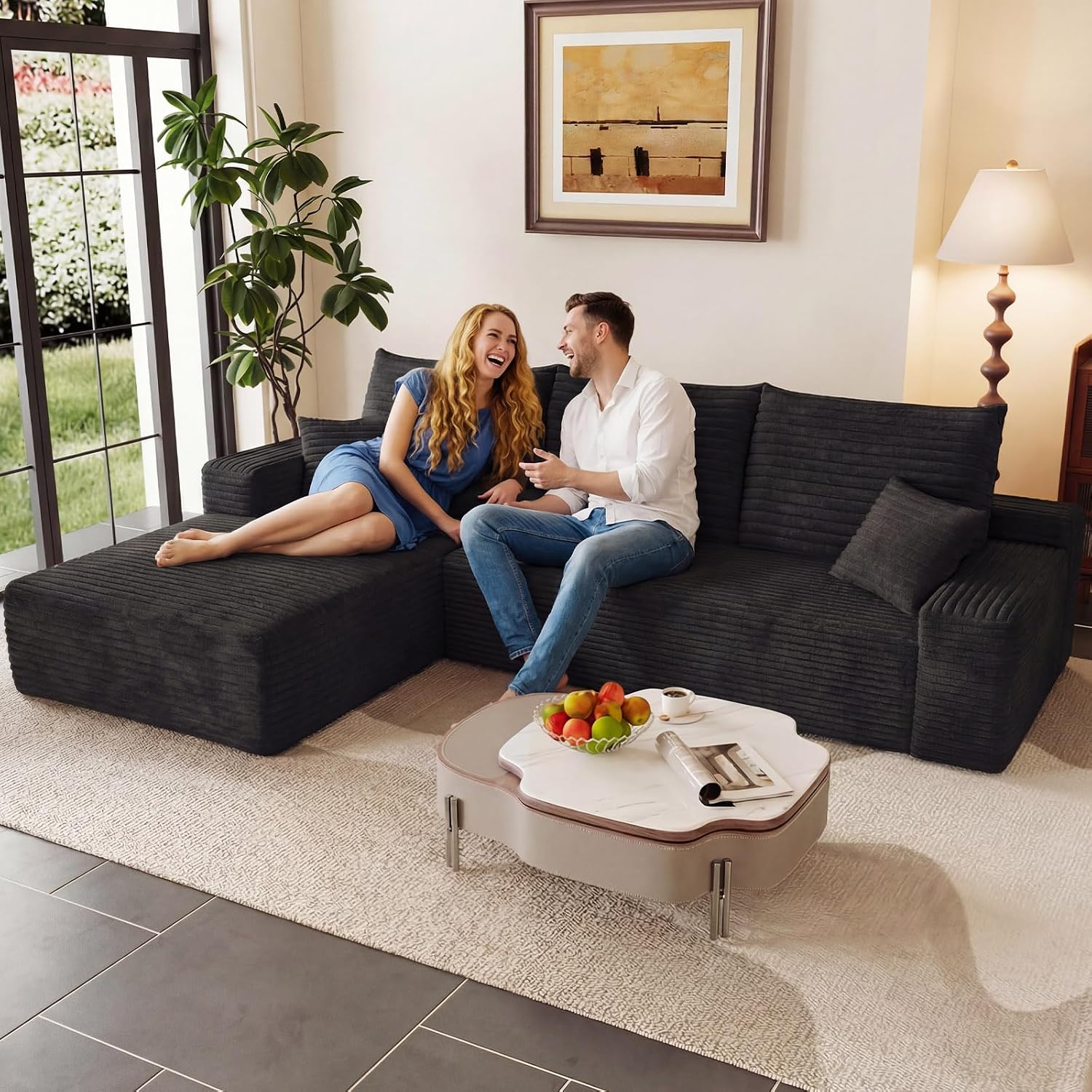 95' Cloud Sectional Couch with L-Shape Chaise, Modern Corduroy Boneless Couch for Living Room,Memory Foam Sofa with Deep Seat,No Assembly Required (Black,Left-Facing Chaise)