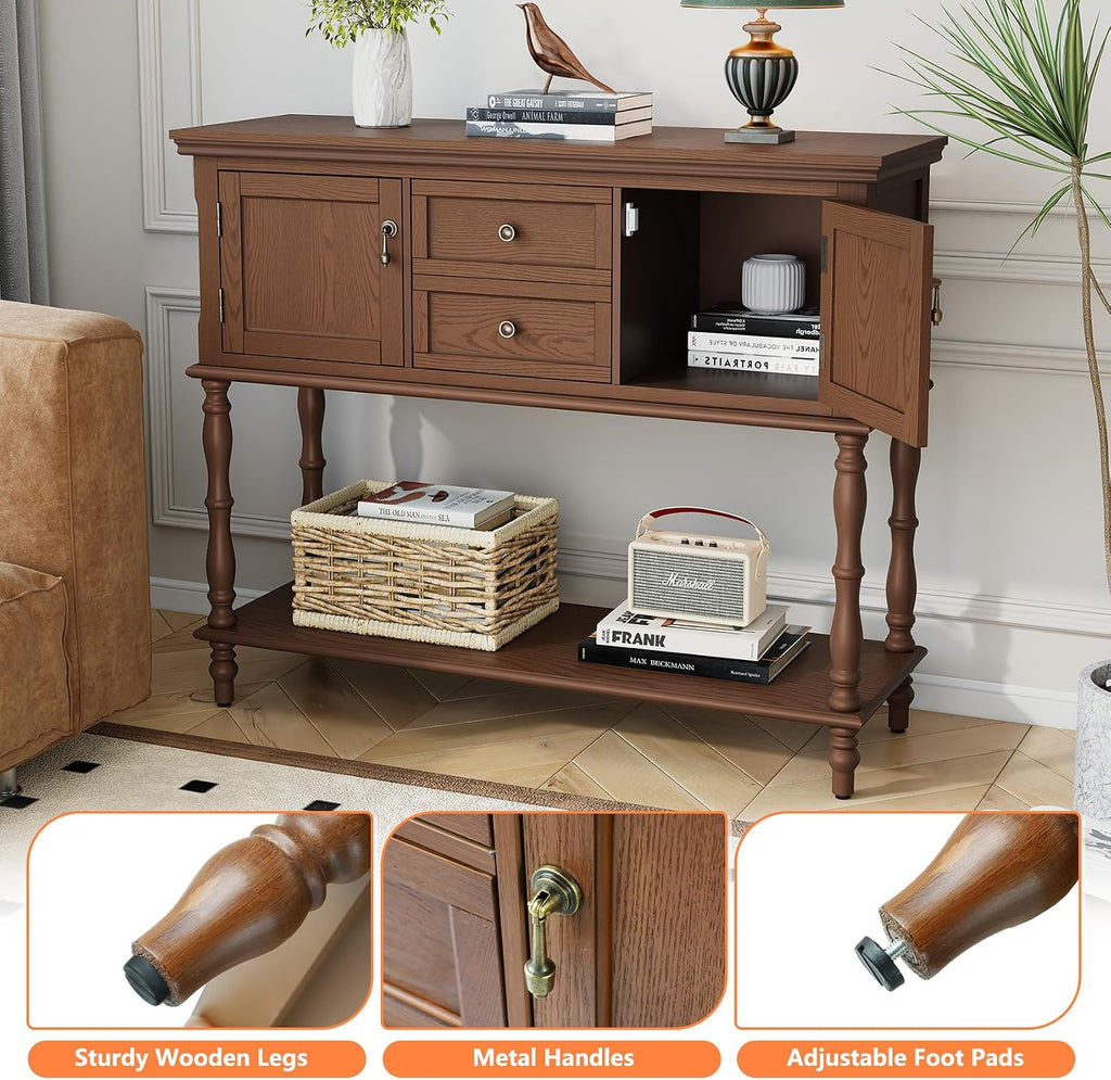 ARTPOWER Console Table for Entryway, Retro Wooden Table with Storage, 2 Doors & Drawers and Open Shelf, Behind Couch Sofa Table for Living Room, Foyer, Hallway, Brown