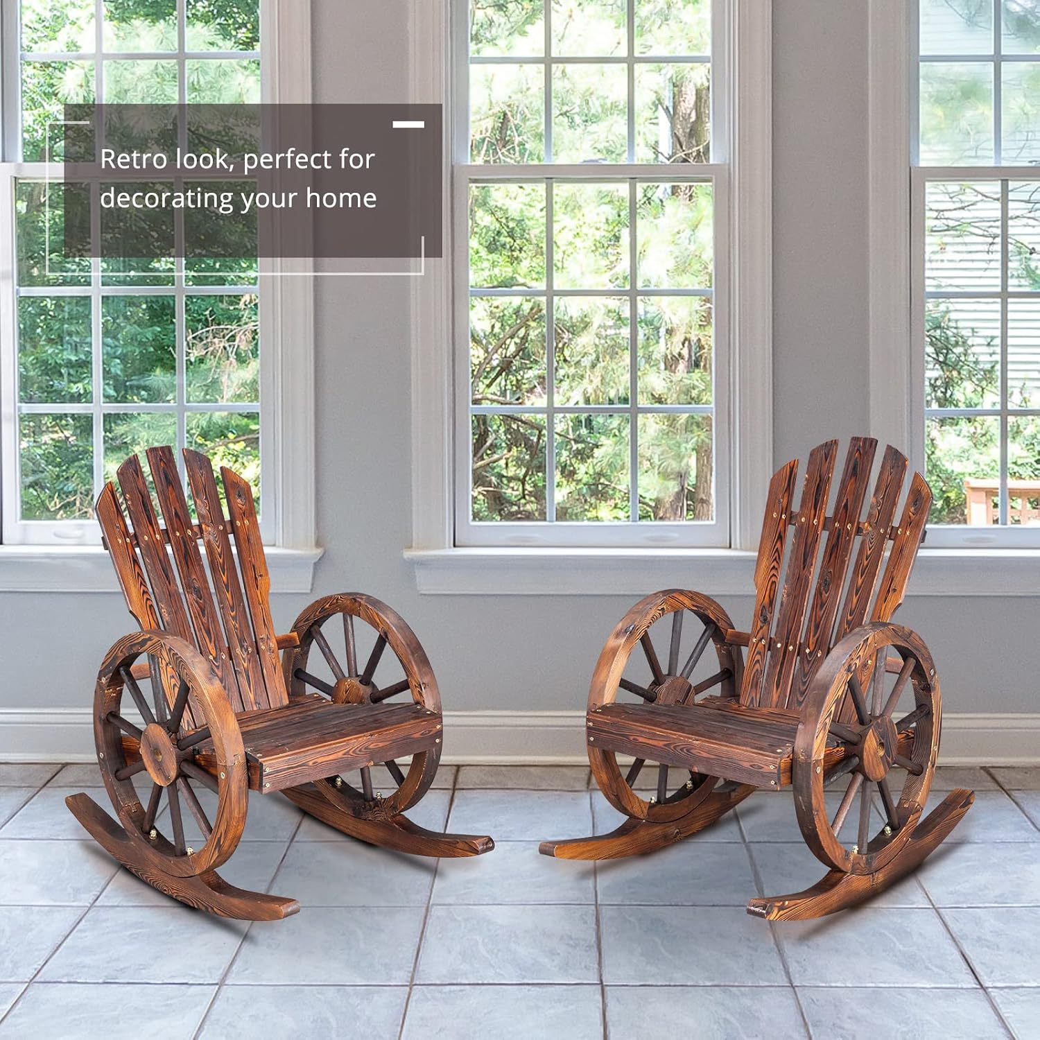Outvita Adirondack Rocking Chair Set of 2, Wood Wagon Rocker, Outdoor Wooden Carbonized Lounge Chairs with Wheel Armrest for Garden Patio Country Yard Porch, Fir