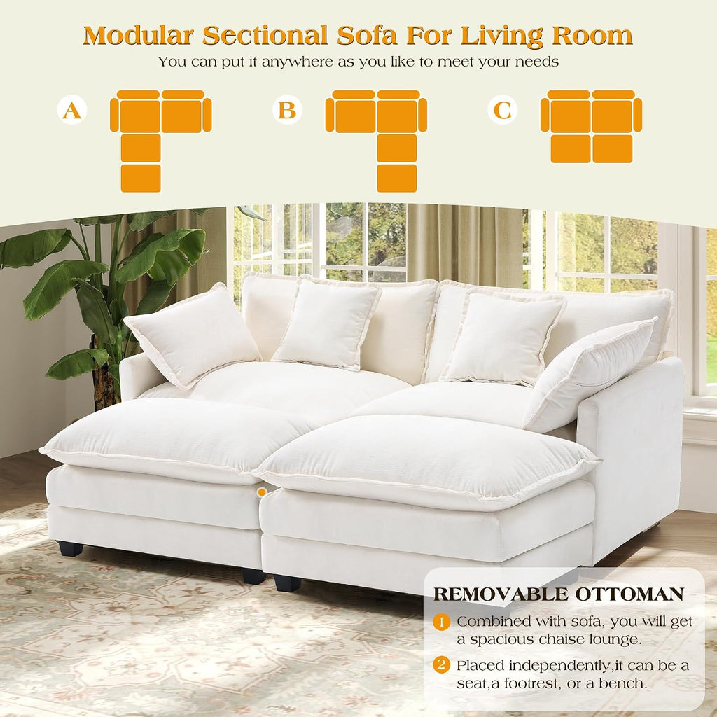 77.6' Modular Sectional Sofa,Loveseat Couch for Living Room, Modern Deep Seat Sofa 2 Seater Chenille Fabric Comfy Cloud Couches with Throw Pillows & Ottoman for Apartment,Small Spaces
