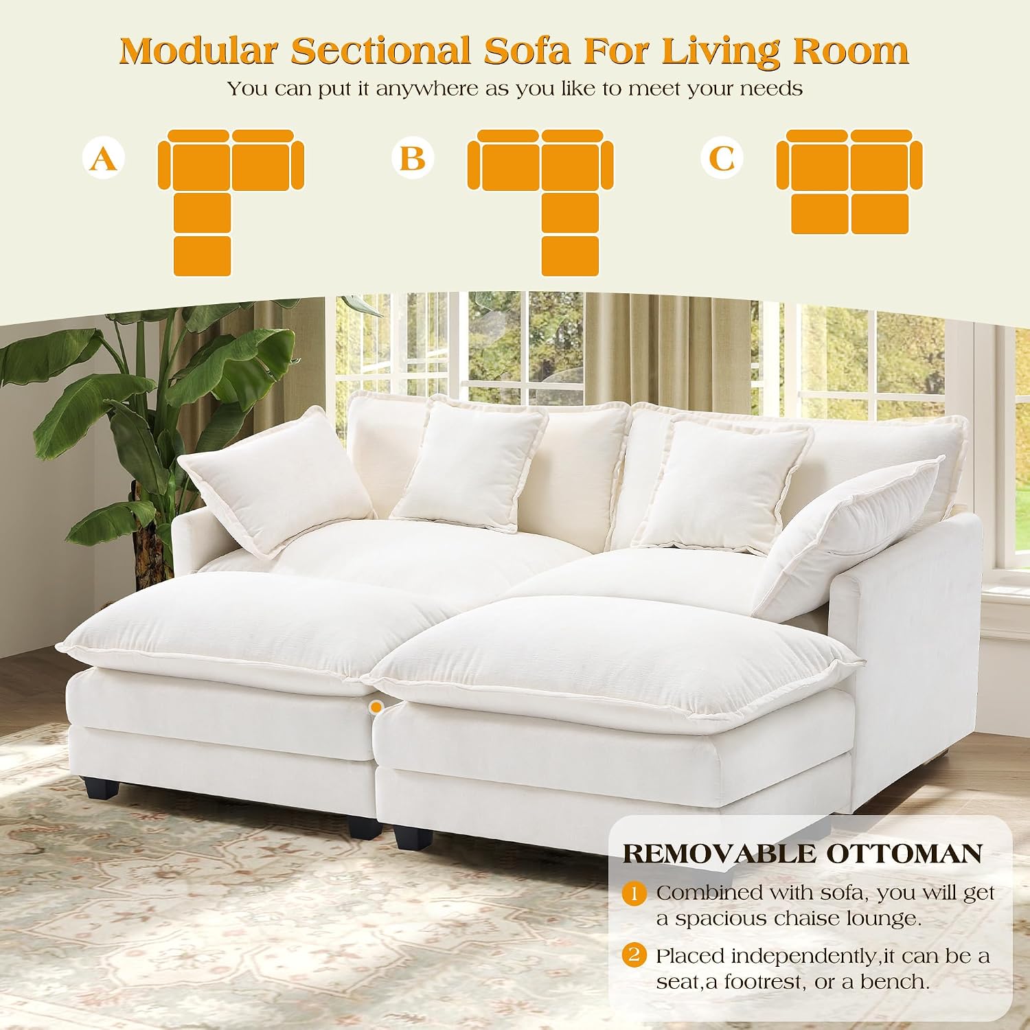 77.6' Modular Sectional Sofa,Loveseat Couch for Living Room, Modern Deep Seat Sofa 2 Seater Chenille Fabric Comfy Cloud Couches with Throw Pillows & Ottoman for Apartment,Small Spaces