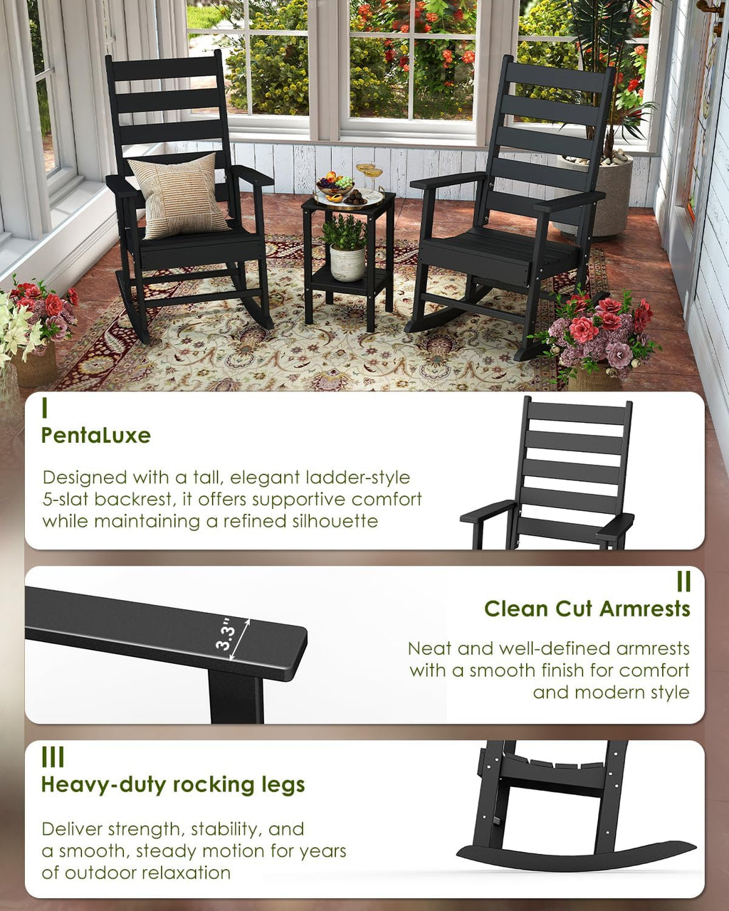 GREENVINES Outdoor-Rocking-Chairs-Set-of-2 | HDPE Plastic | Patio Rockers | Porch Rocker Chair | Shaker | Oversized | High Ladder Back | Big & Tall | PentaLuxe | Black