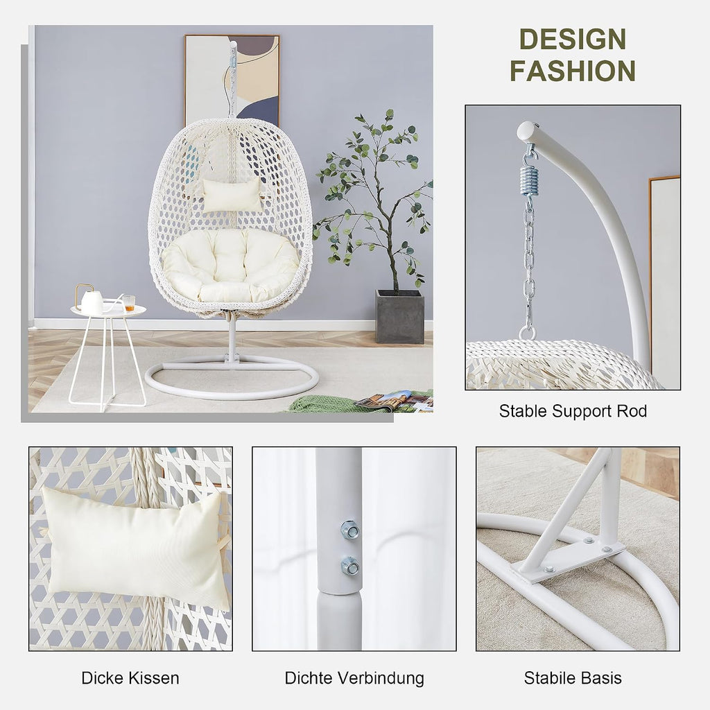 Egg Chair Indoor Outdoor - Hanging Swing Chair for Bedroom, Patio, Balcony & Backyard - Heavy Duty 350LBS - White