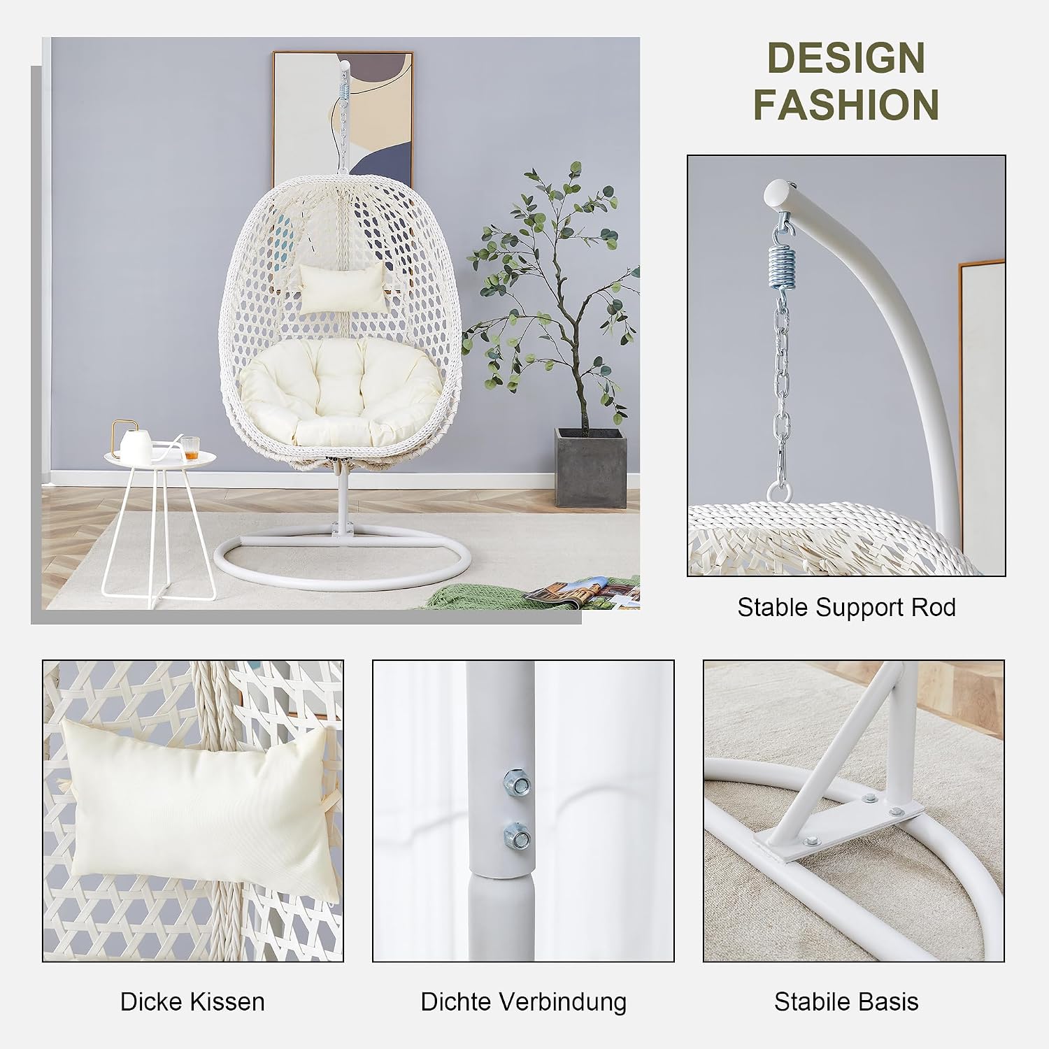 Egg Chair Indoor Outdoor - Hanging Swing Chair for Bedroom, Patio, Balcony & Backyard - Heavy Duty 350LBS - White