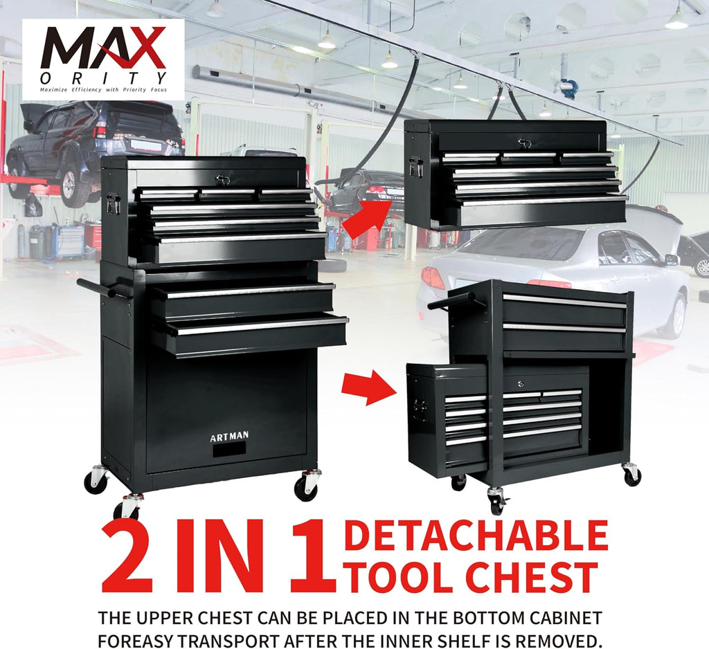 Maxority 8-Drawer Rolling Tool Chest with Lockable Wheels, Sliding Drawers, Detachable Top & Adjustable Shelf – Heavy Duty Tool Storage Cabinet for Garage, Workshop & Home Organization, Black