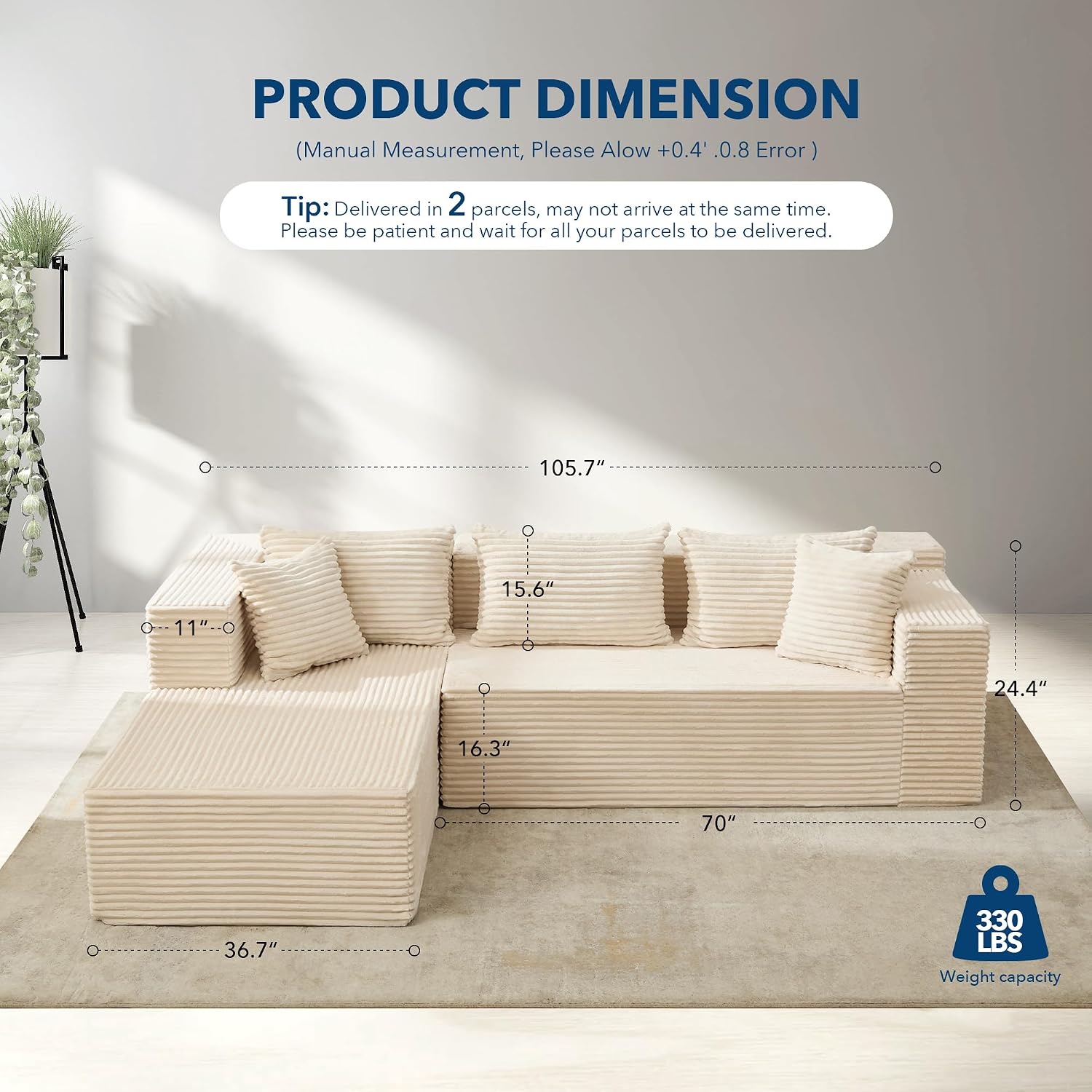 Boneless Couch, 106' Left Corduroy Cloud Couch Sectional，Vacuum Compressed Couch, L-Shaped Modular Sectional Couch with Chaise Lounge, Boneless Couch for Living Room, Comfy Compact Apartment Sofa