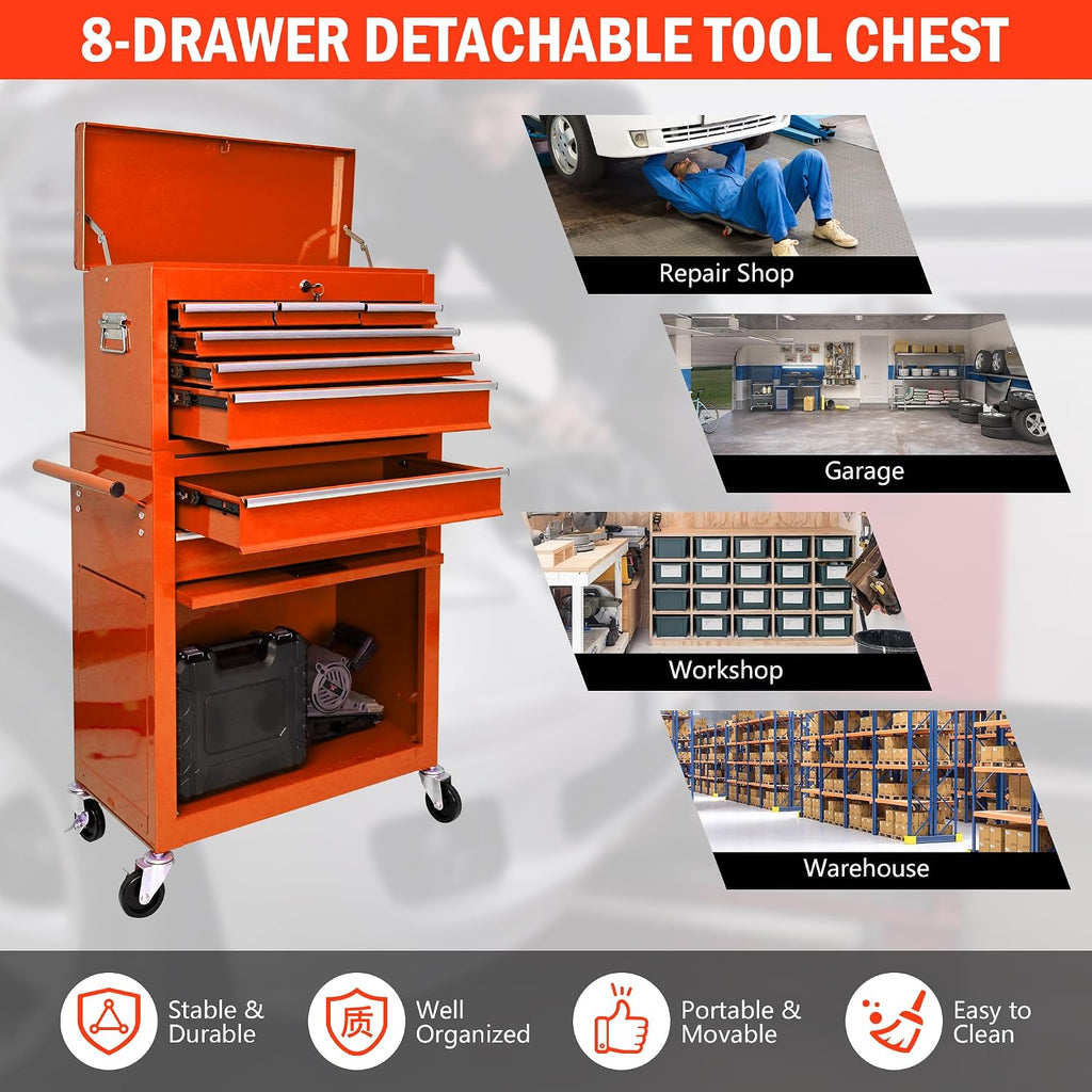 8-Drawer Tool Chest,Rolling Tool Box with Detachable Top Toolbox & Key Lock,Tool Cabinet with Universal Lockable Wheels,Lock Bar,Protective Liner,Metal Storage Cart for Garage,Workshop (Orange)