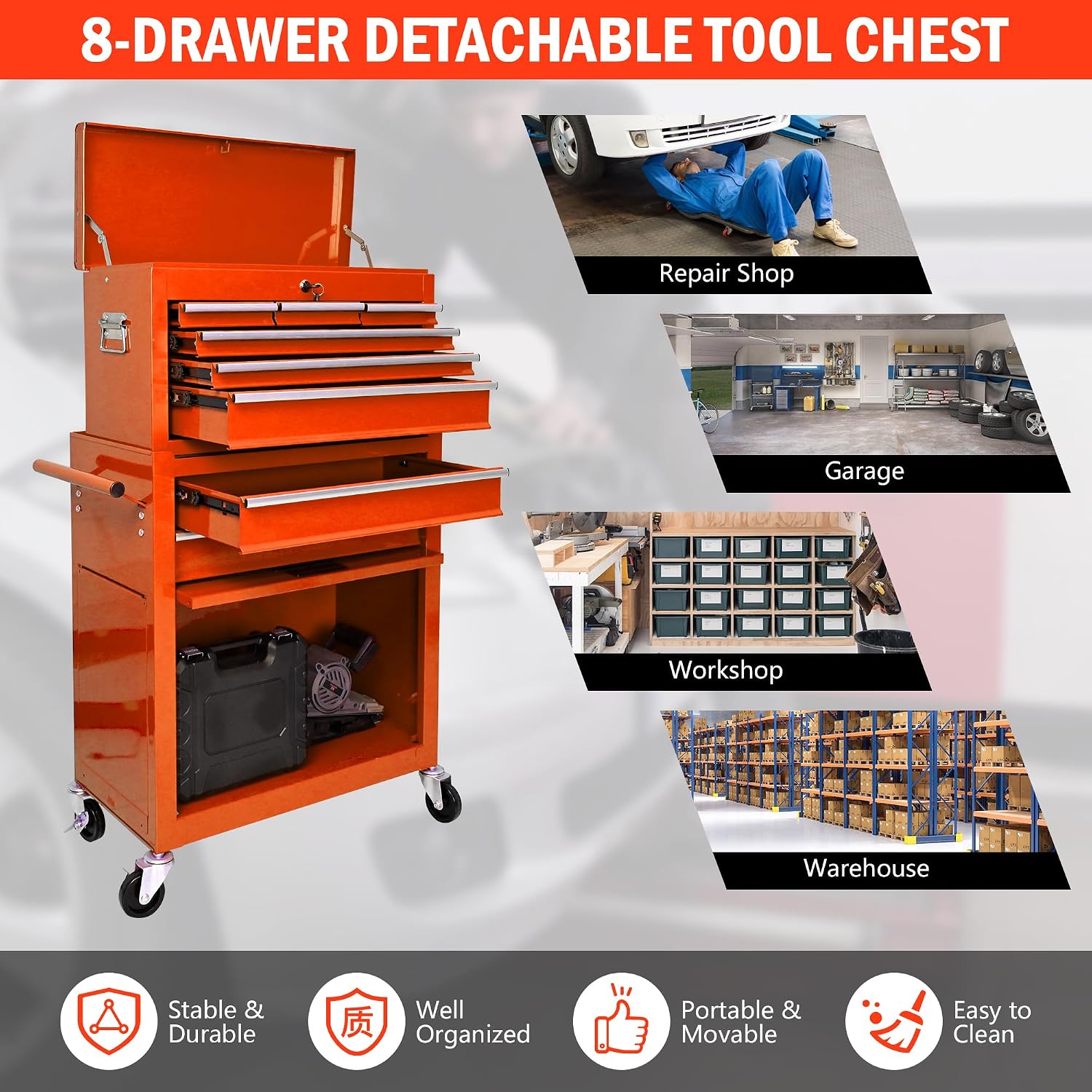 8-Drawer Tool Chest,Rolling Tool Box with Detachable Top Toolbox & Key Lock,Tool Cabinet with Universal Lockable Wheels,Lock Bar,Protective Liner,Metal Storage Cart for Garage,Workshop (Orange)