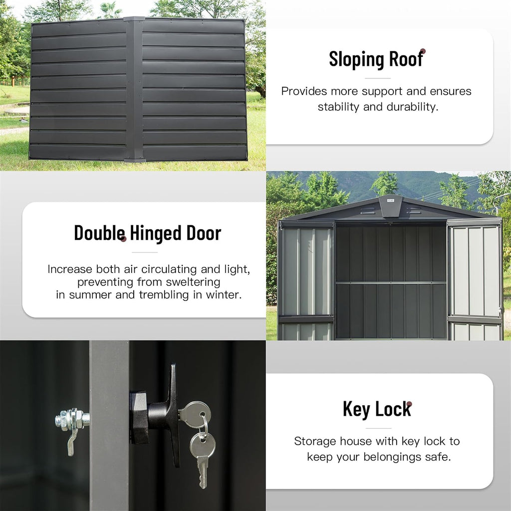Ritsu Outdoor Storage Shed, Outdoor Garden Shed for Bike, Trash Can, Machine, Galvanized Steel, Outdoor Shed with Lockable Door for Backyard, Patio, Lawn (5.7x3ft, Black)