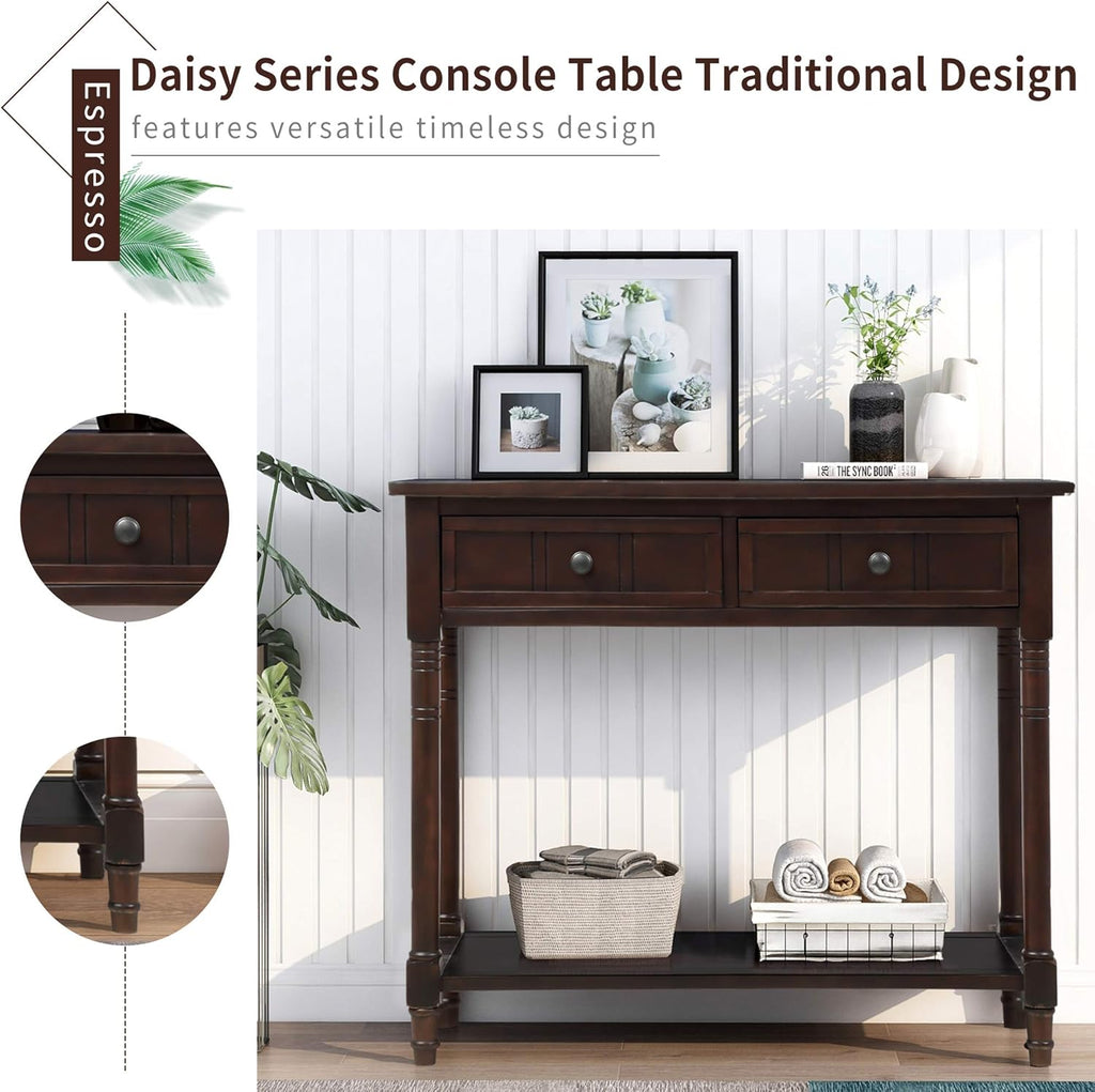 Bellemave Console Table with Drawers, Retro Entryway Table with 2 Drawers and Open Storage Shelf, Narrow Long Sofa Table, Behind Couch Table for Living Room, Foyer and Hallway,Espresso