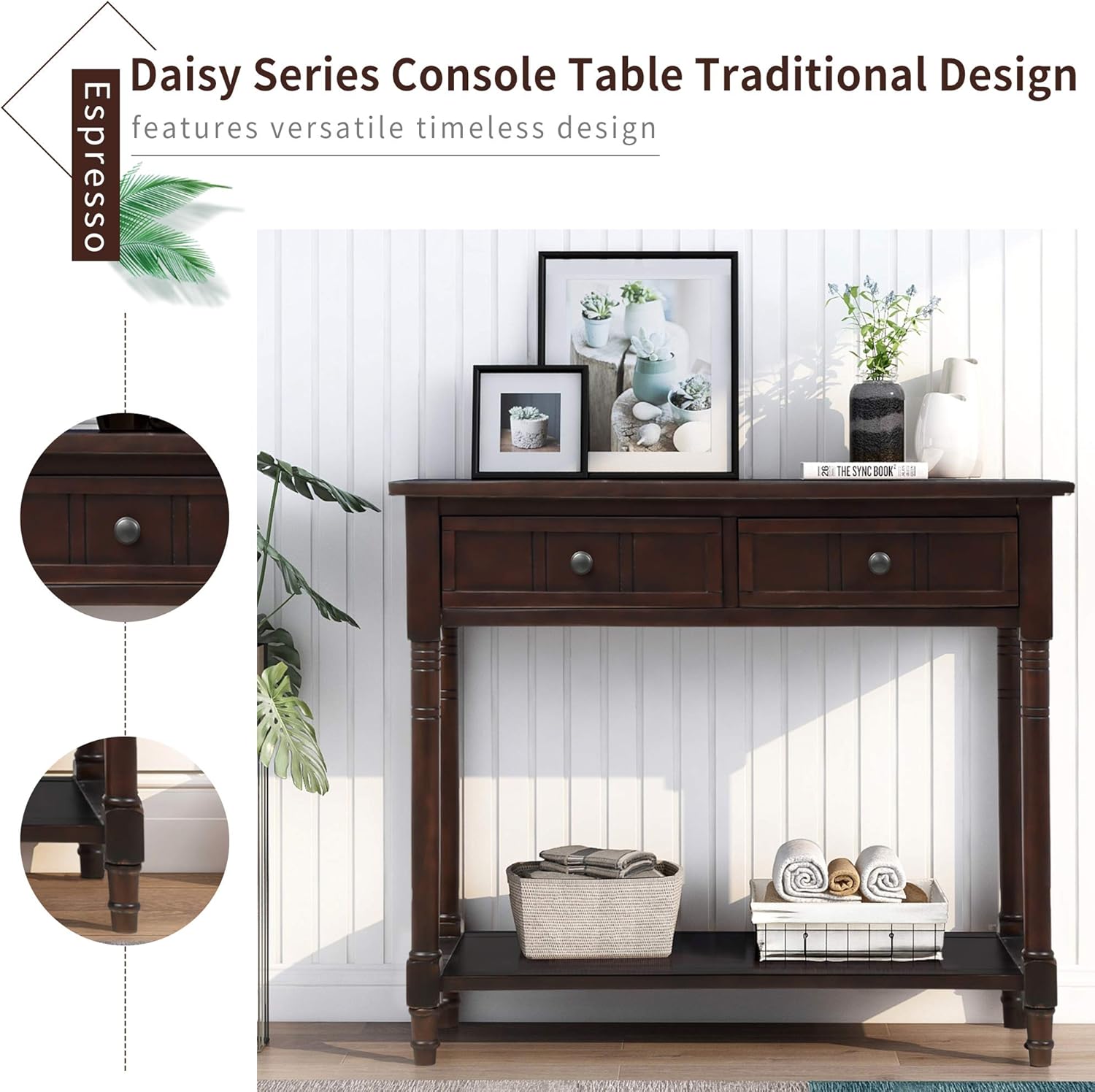 Bellemave Console Table with Drawers, Retro Entryway Table with 2 Drawers and Open Storage Shelf, Narrow Long Sofa Table, Behind Couch Table for Living Room, Foyer and Hallway,Espresso