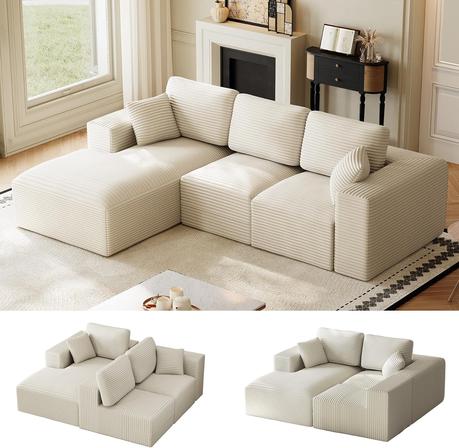 109' L-Shaped Boneless Cloud Sectional Couches, Comfy Corduroy Fluffy Modular Sectional Sofa with Left-Facing Chaise, Deep Seat Memory Foam Plush Couch for Living Room, Small Spaces, Beige White