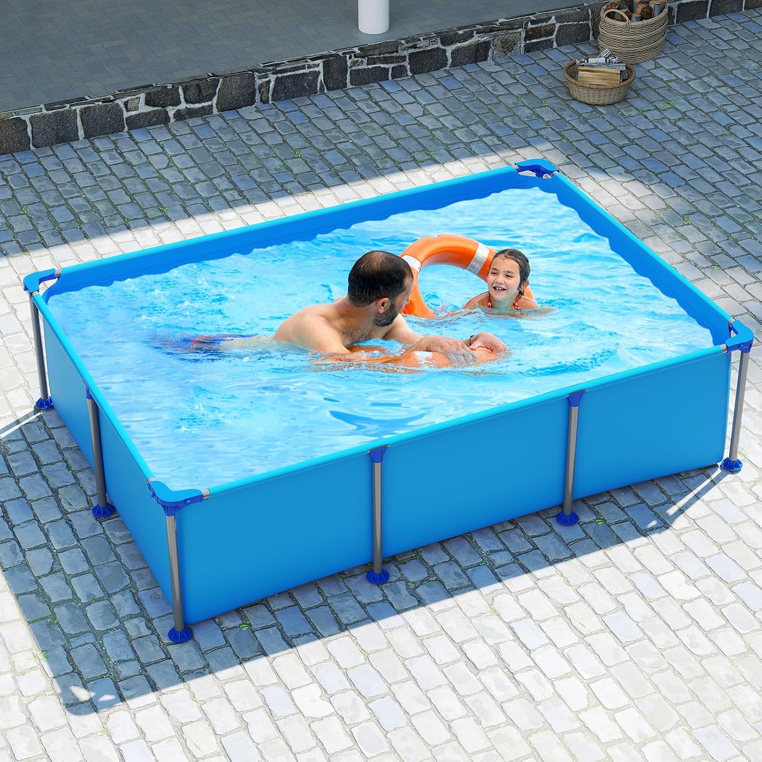 Moccha 8.5' x 6' Rectangle Above Ground Pool - Metal Frame Family Pool Set with PVC Fabric, 3 Stoppers & Drainage Valve Connector, Outdoor Backyard Swimming Pool, 690 Gallons of Water