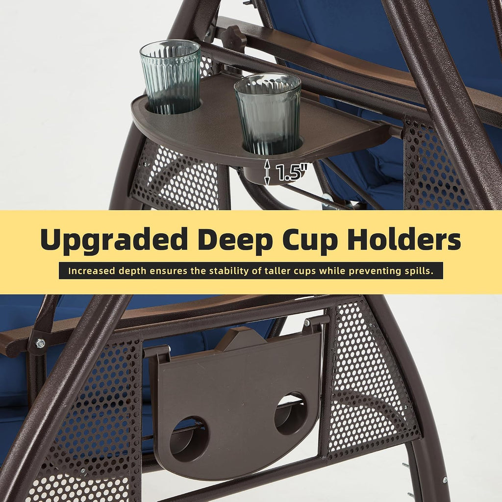 HOMREST 3 Person Outdoor Porch Swing with 1.5' Upgraded Cup Holder, Adjustable Canopy, Backrest, Patio Swing Bed with Weather Resistant Steel Frame, Cushions for Garden,Deck and Poolside(Blue)